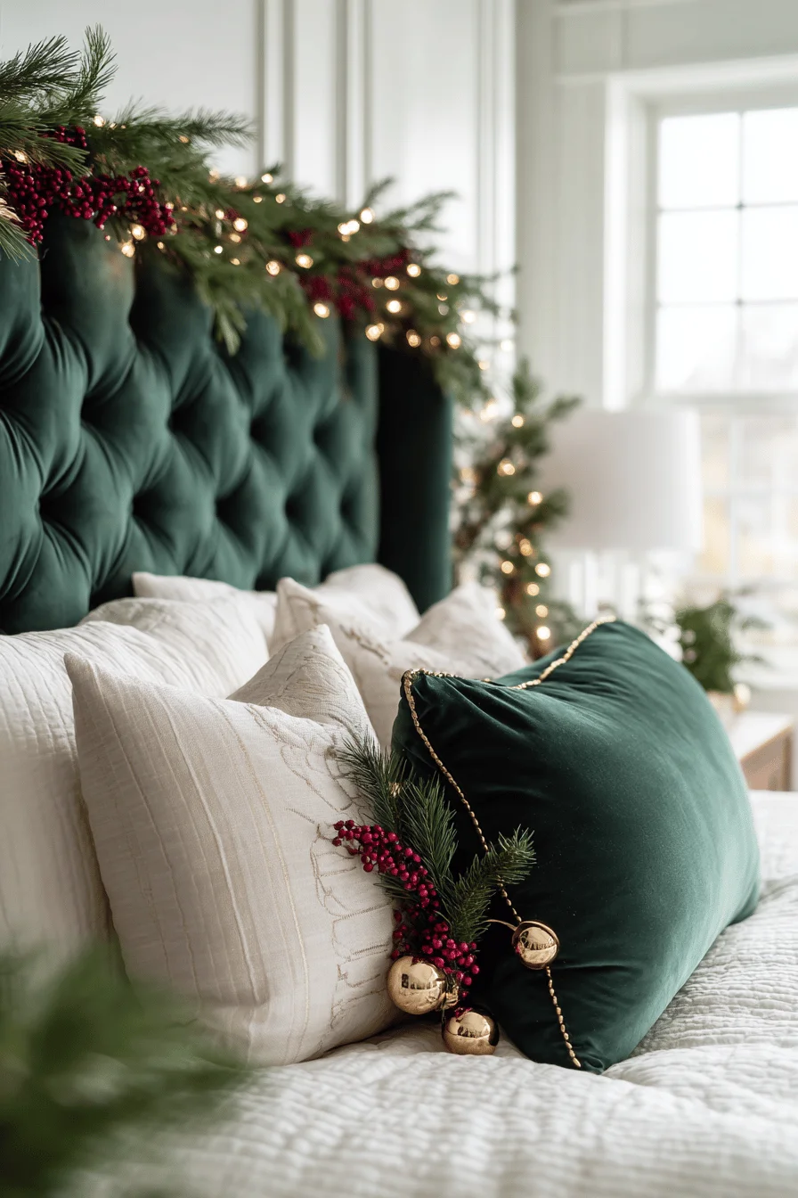 bedroom christmas decor designs showing luxurious garland with fairy lights and metallic ornaments against white walls