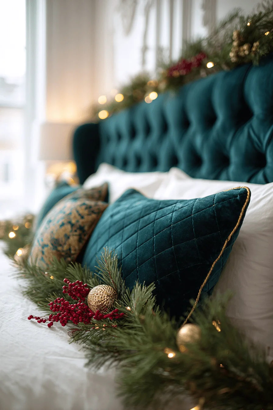 bedroom christmas decor ideas featuring fresh evergreen garland draped across elegant tufted headboard with golden lighting