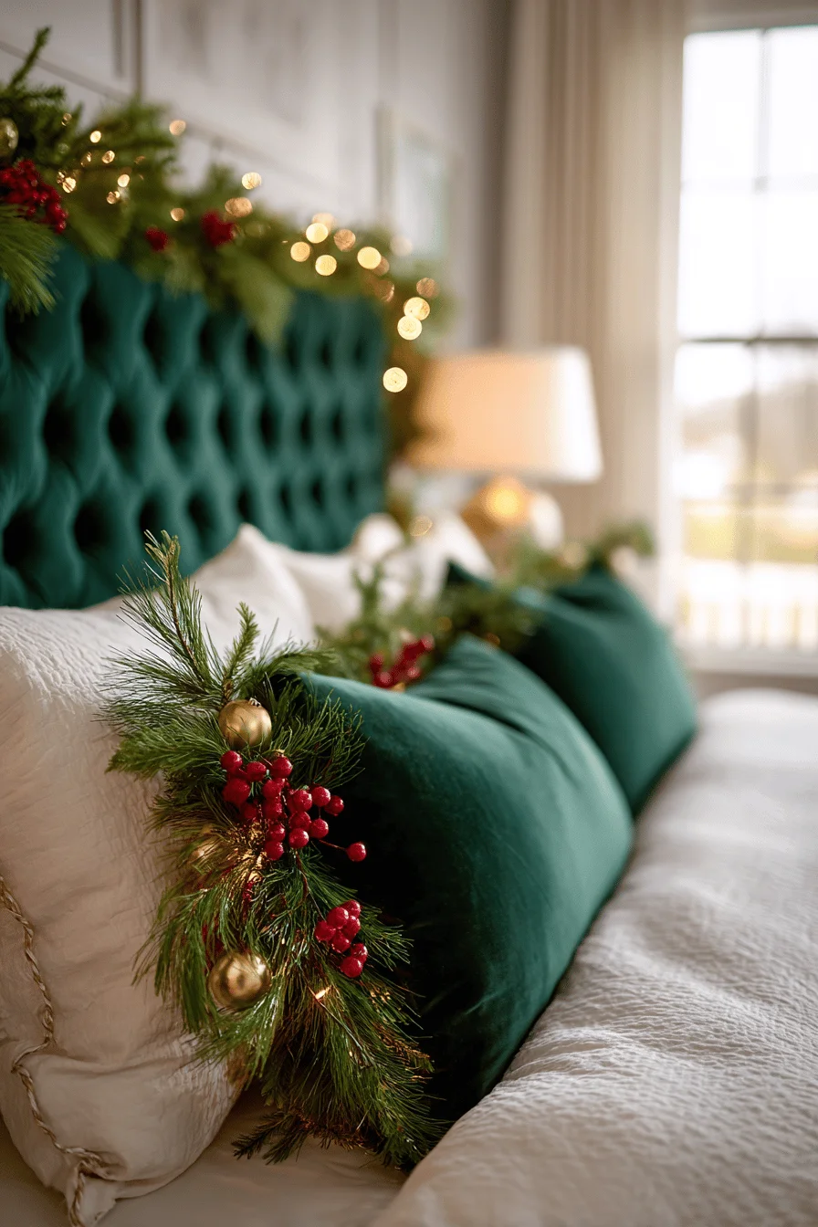 bedroom christmas decor inspiration displaying emerald garland with red berries and gold accents on premium headboard