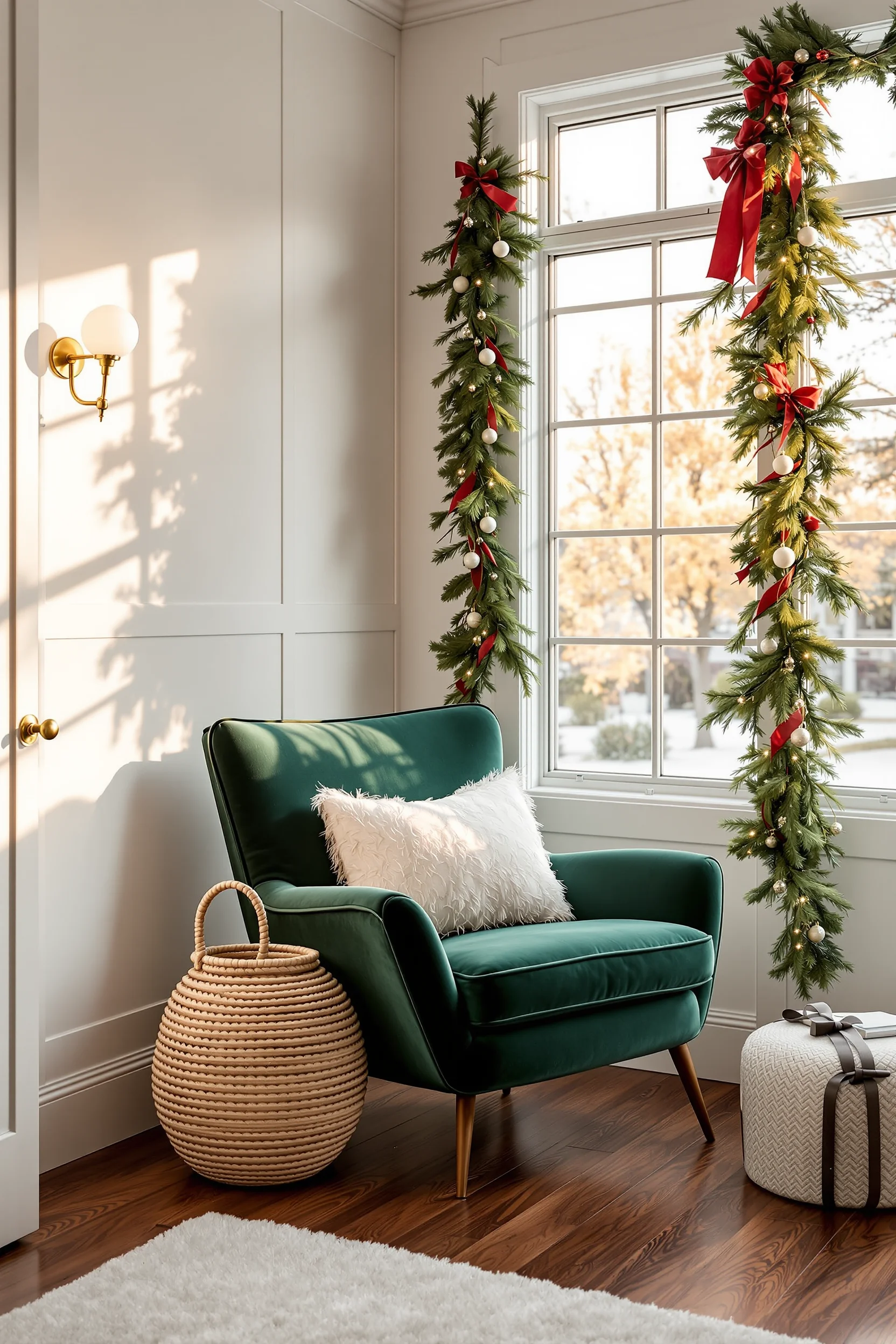 bedroom reading nook designs with brass lamp walnut flooring and festive holiday garland decoration
