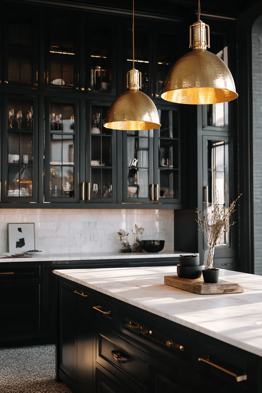 black backsplash kitchen ideas featuring white cabinets with dramatic dark subway tile wall and marble countertops