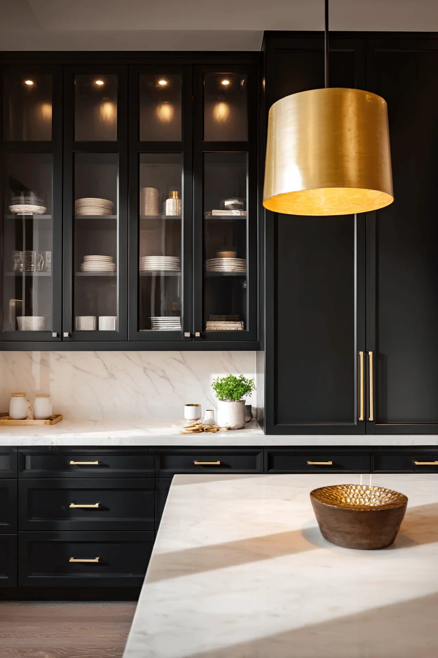 black backsplash kitchen inspiration displaying white cabinets with sleek dark tile backsplash and pendant lighting