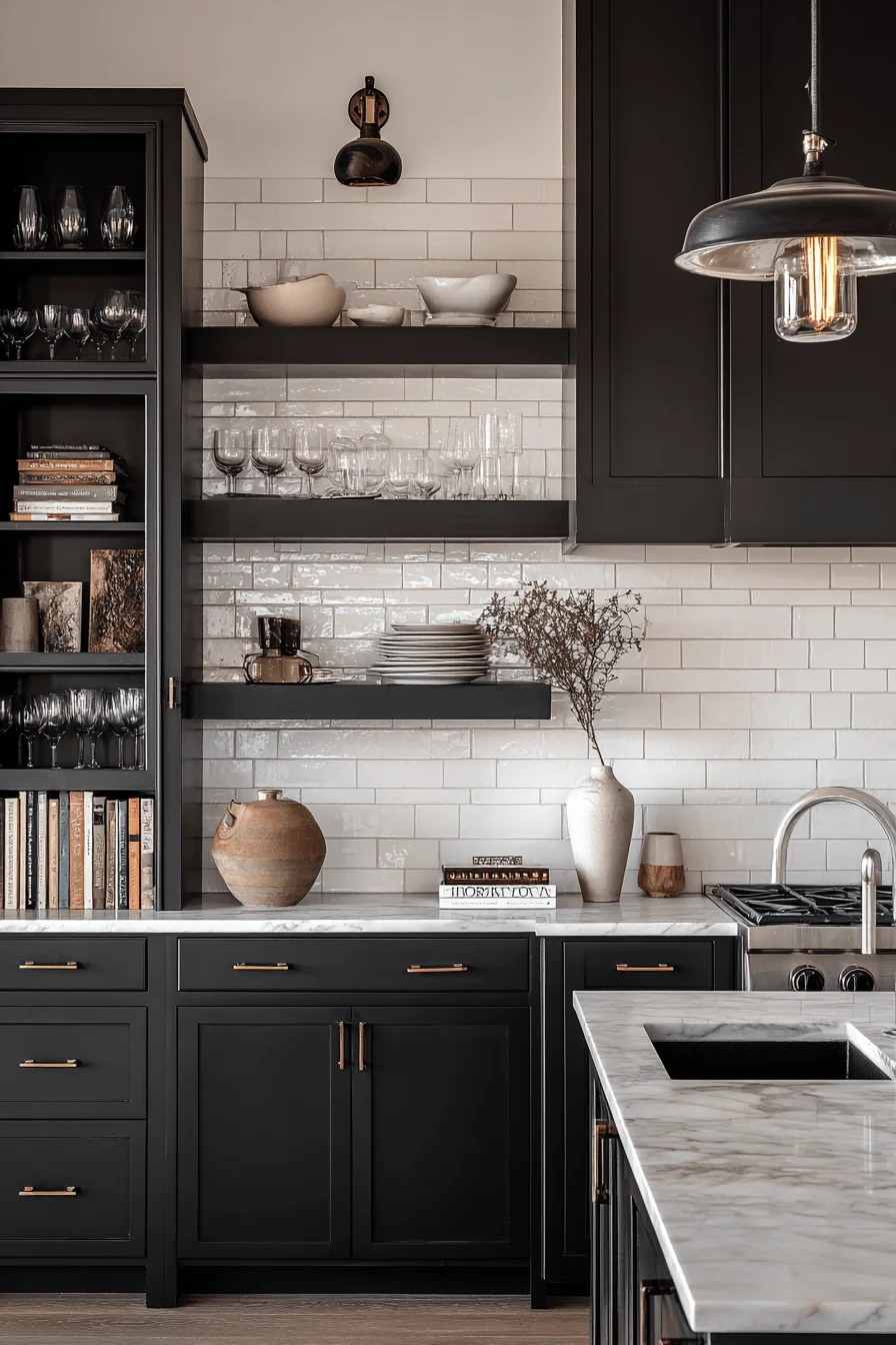 black kitchen cabinet aesthetics featuring sophisticated dark surfaces with brass accents and minimalist cookbook arrangement