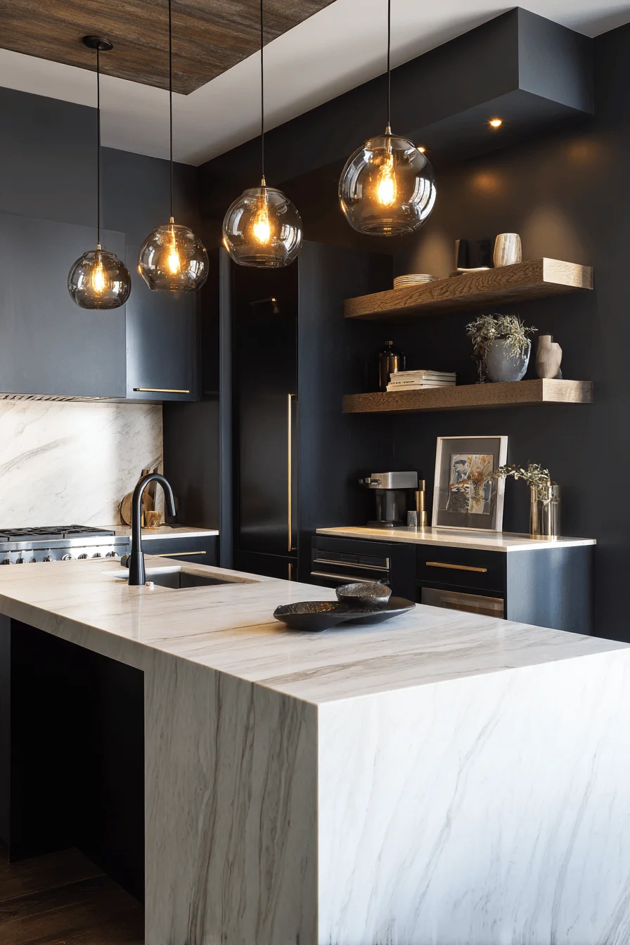 black kitchen cabinet ideas featuring dramatic upper cabinets with white marble waterfall countertops and brass hardware