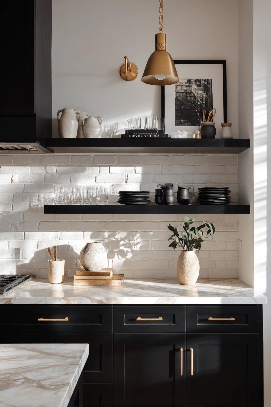 black kitchen cabinet ideas featuring modern matte cabinetry with white subway tile backsplash and brass hardware