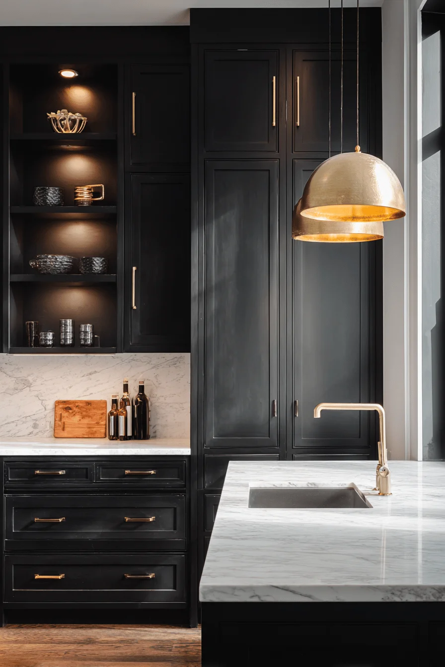 black kitchen cabinet ideas featuring sleek dark cabinetry with white marble countertops and gold hardware
