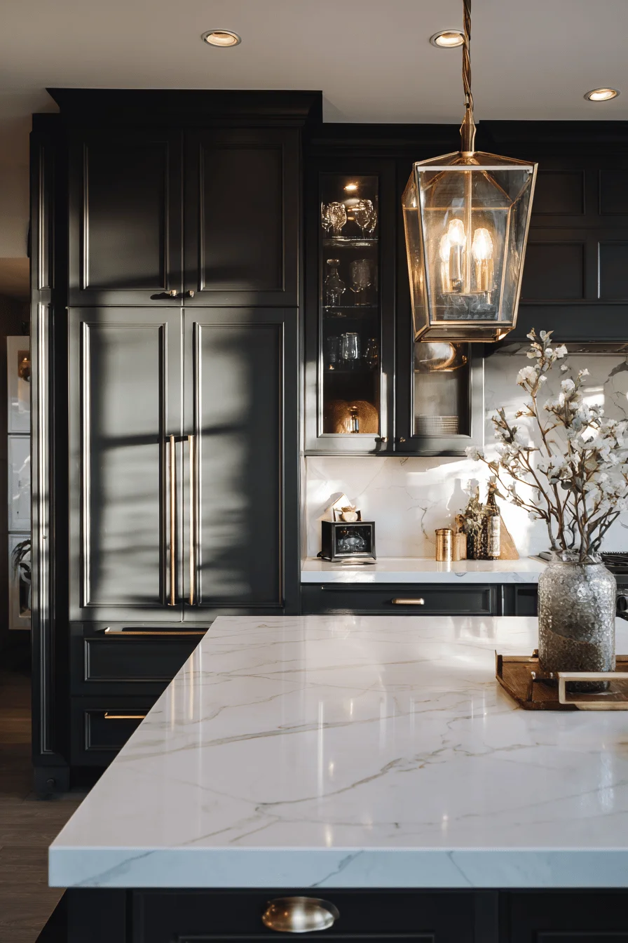 black kitchen cabinet inspiration displaying charcoal cabinetry with contrasting white countertops and warm lighting