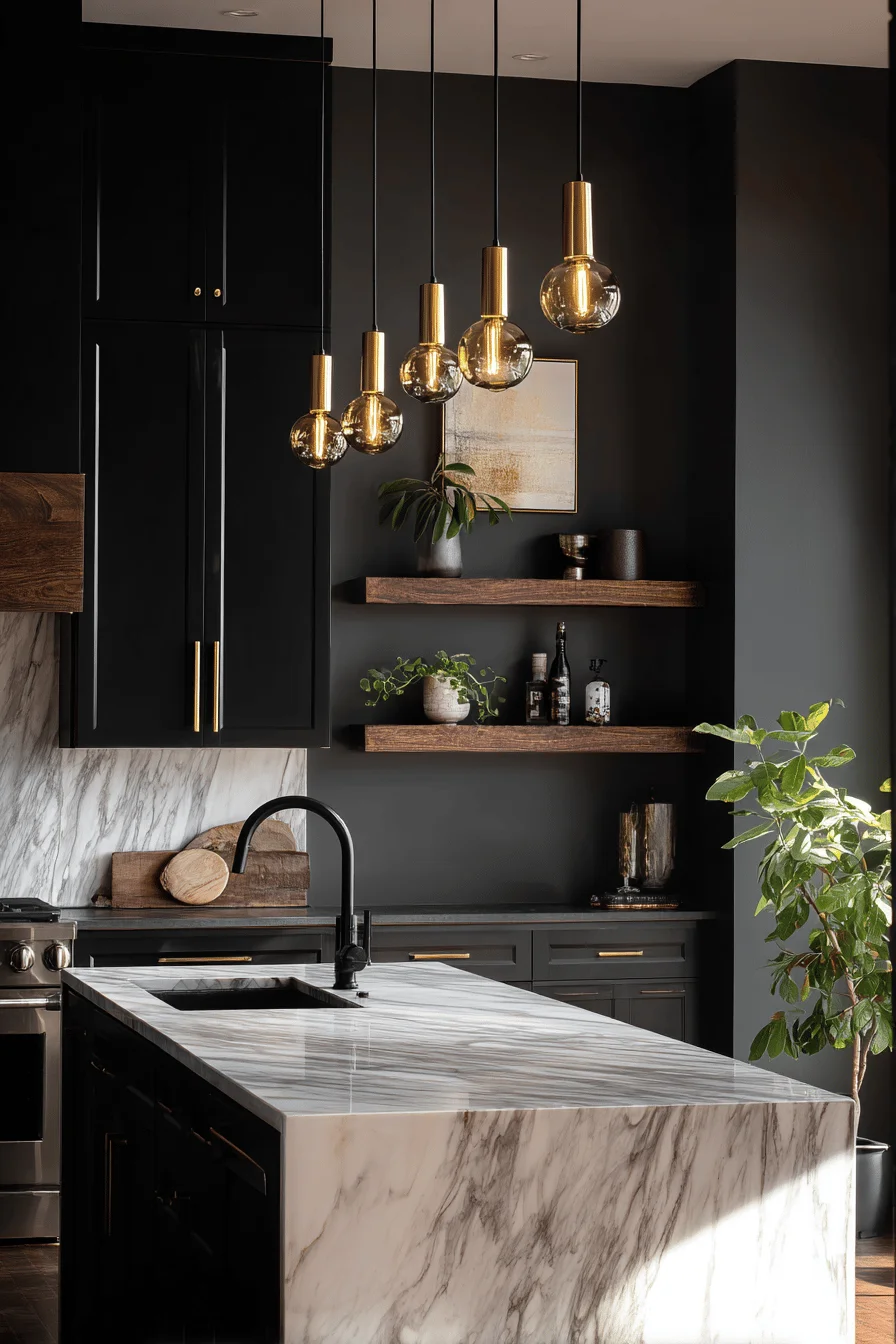 black kitchen cabinet inspiration displaying dark upper storage with elegant marble countertops and warm brass accents