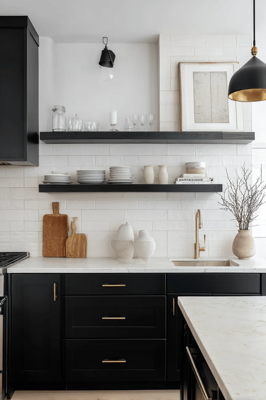 black kitchen cabinet inspiration displaying sleek modern cabinetry with open shelving and ceramic vessel styling