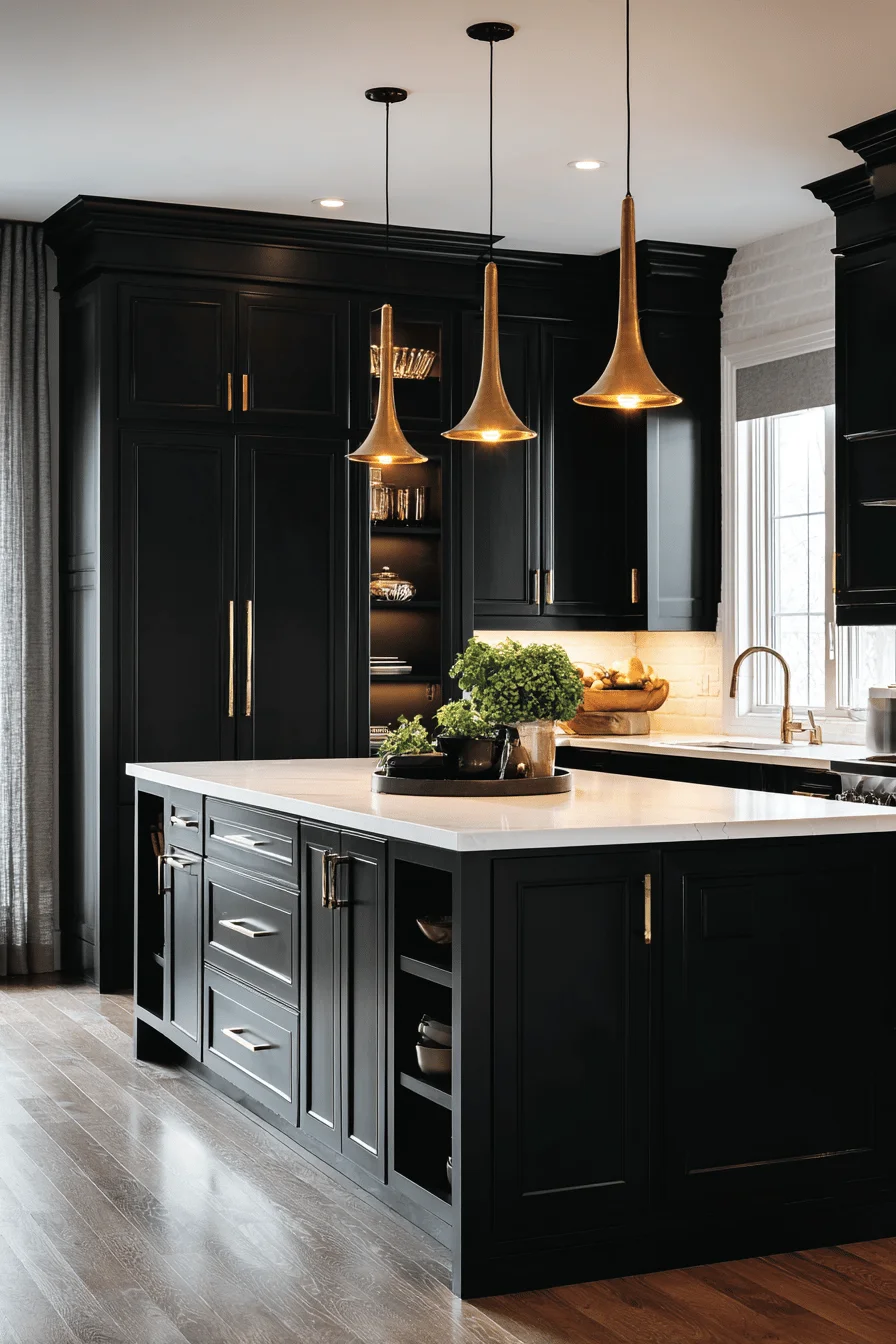 black kitchen cabinets white countertops ideas featuring dramatic contrast with modern pendant lighting and gold hardware