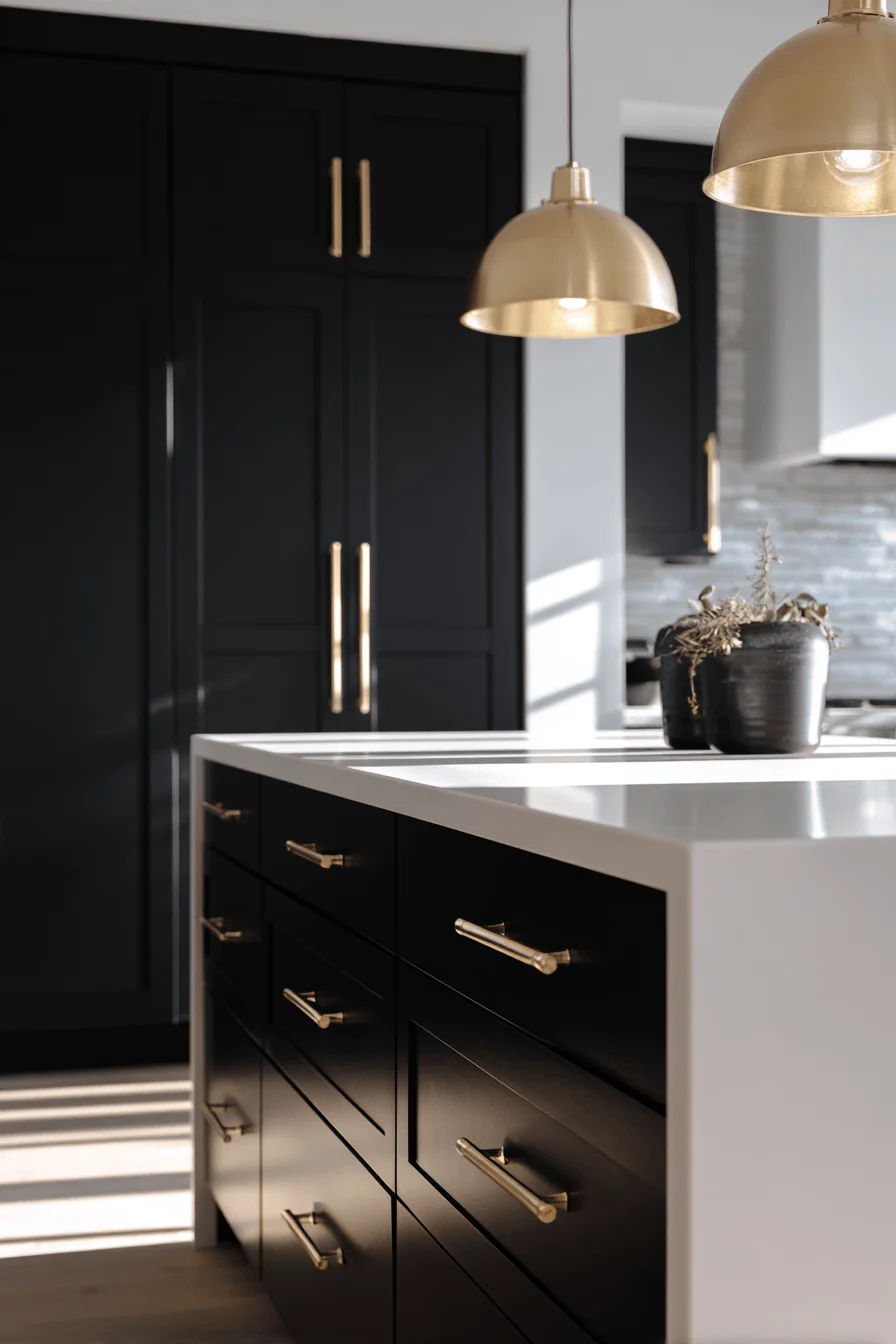black stained kitchen cabinet ideas featuring sleek matte finish with gold hardware and white countertops