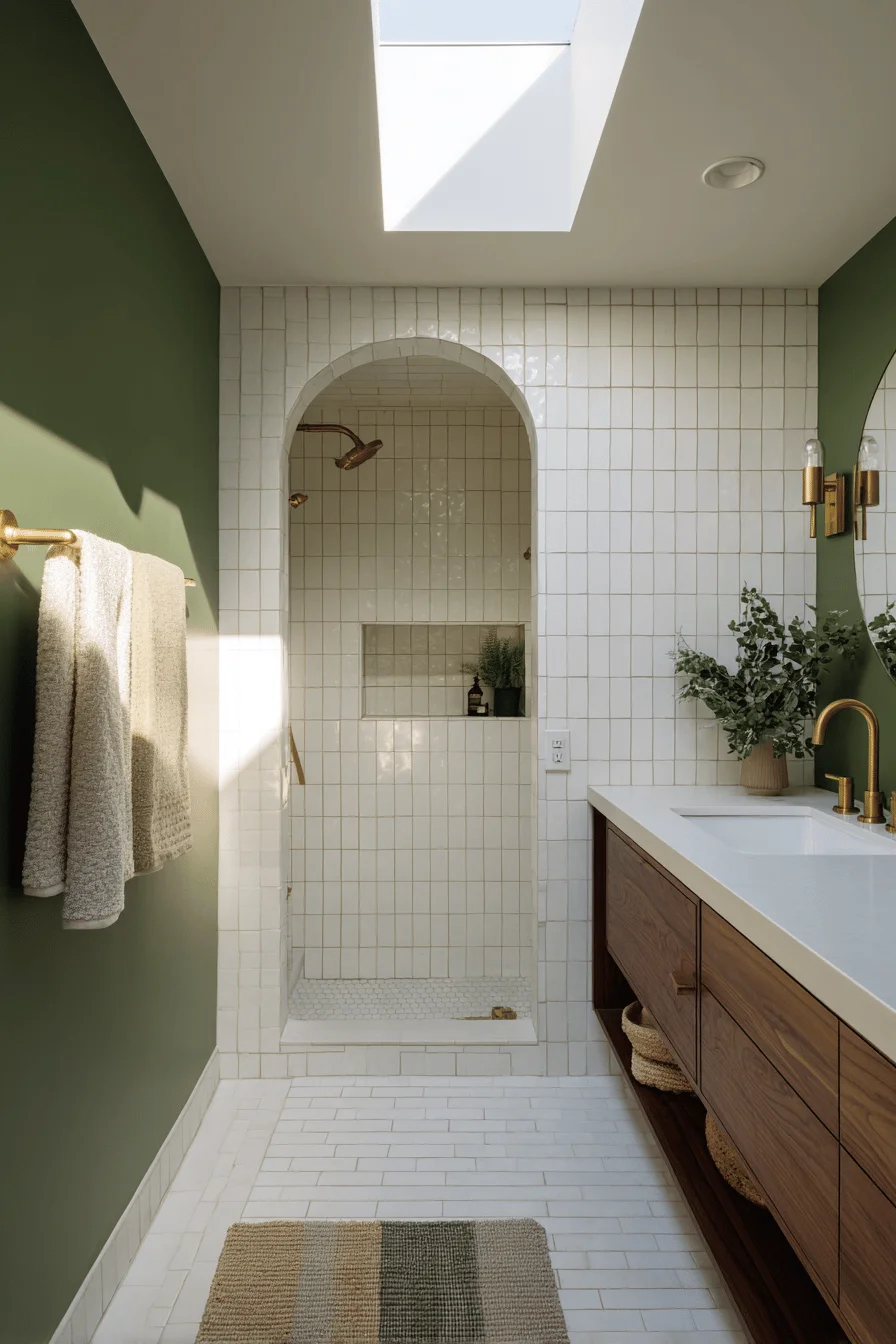 bungalow bathroom aesthetics highlighting subway tile patterns with golden hour lighting and minimalist design