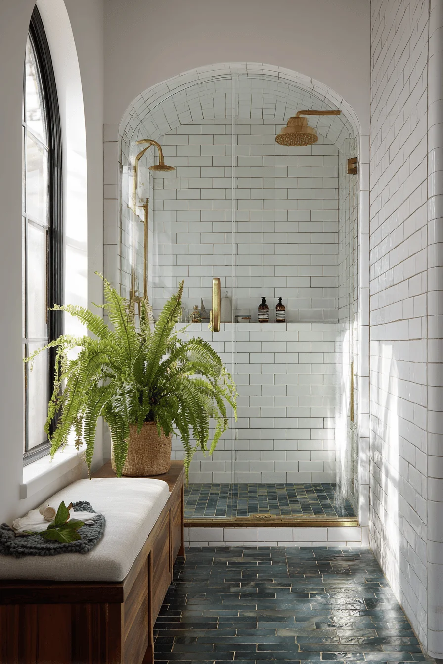 bungalow bathroom designs showing brass rainfall showerhead with natural stone bench and mosaic flooring