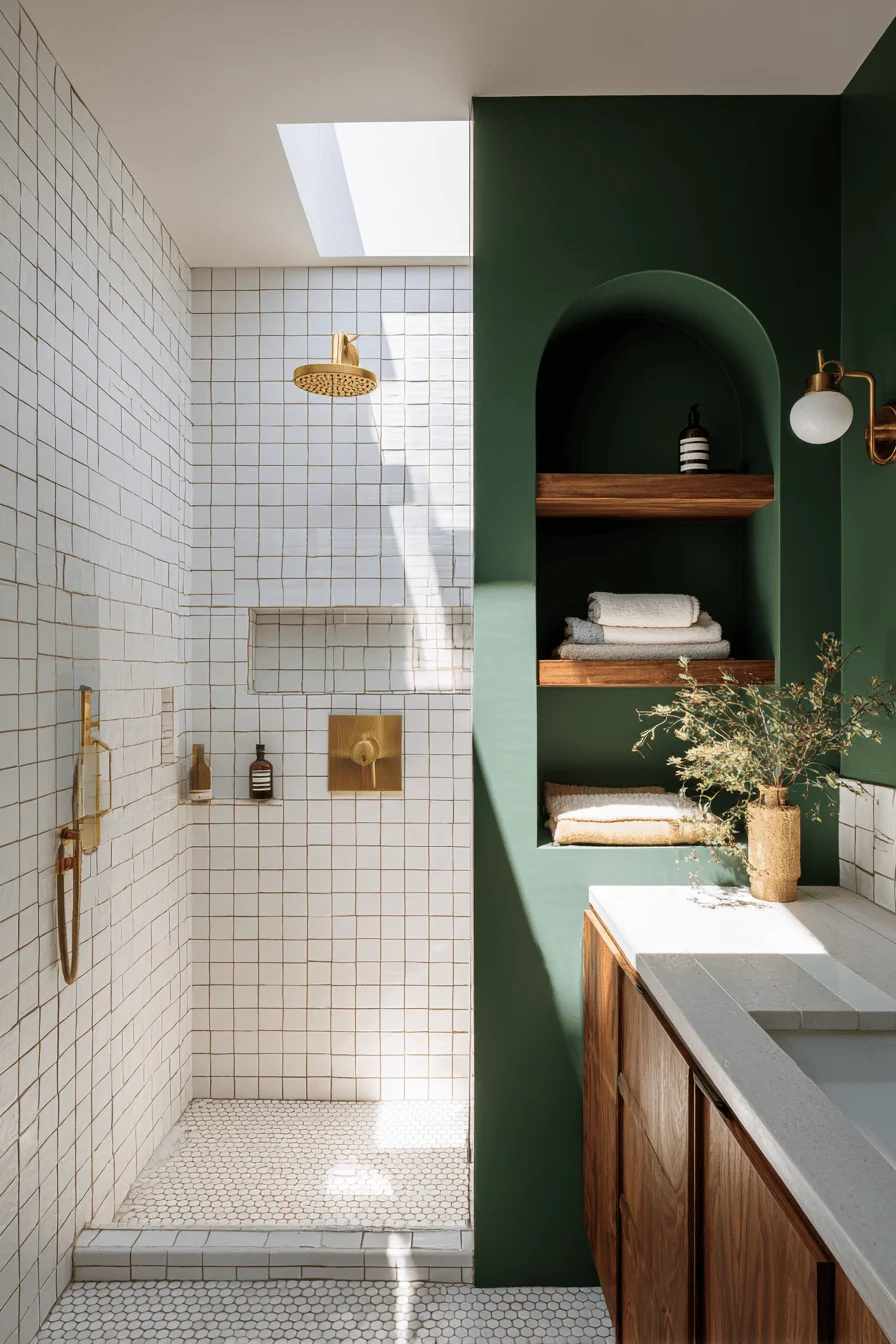 bungalow bathroom ideas featuring white subway tile backsplash with emerald green accent wall and brass fixtures