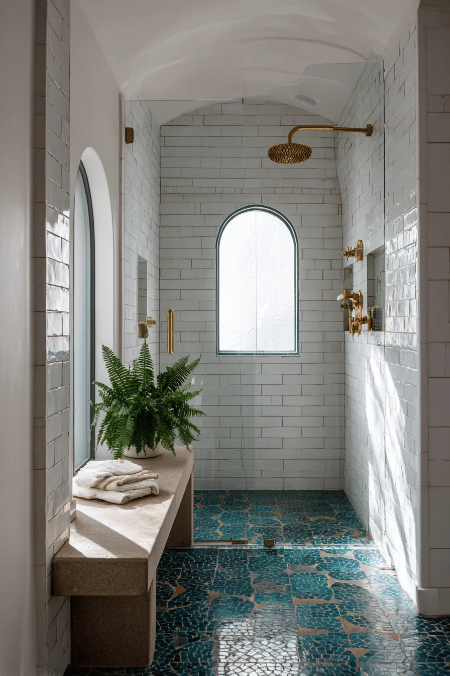 bungalow bathroom inspiration with golden hour sunlight streaming through arched window and green fern