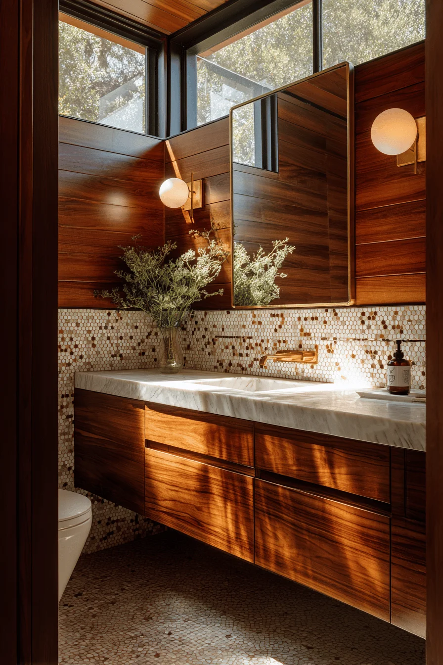 california bungalow bathroom aesthetics displaying modern mid century style with wood and marble elements
