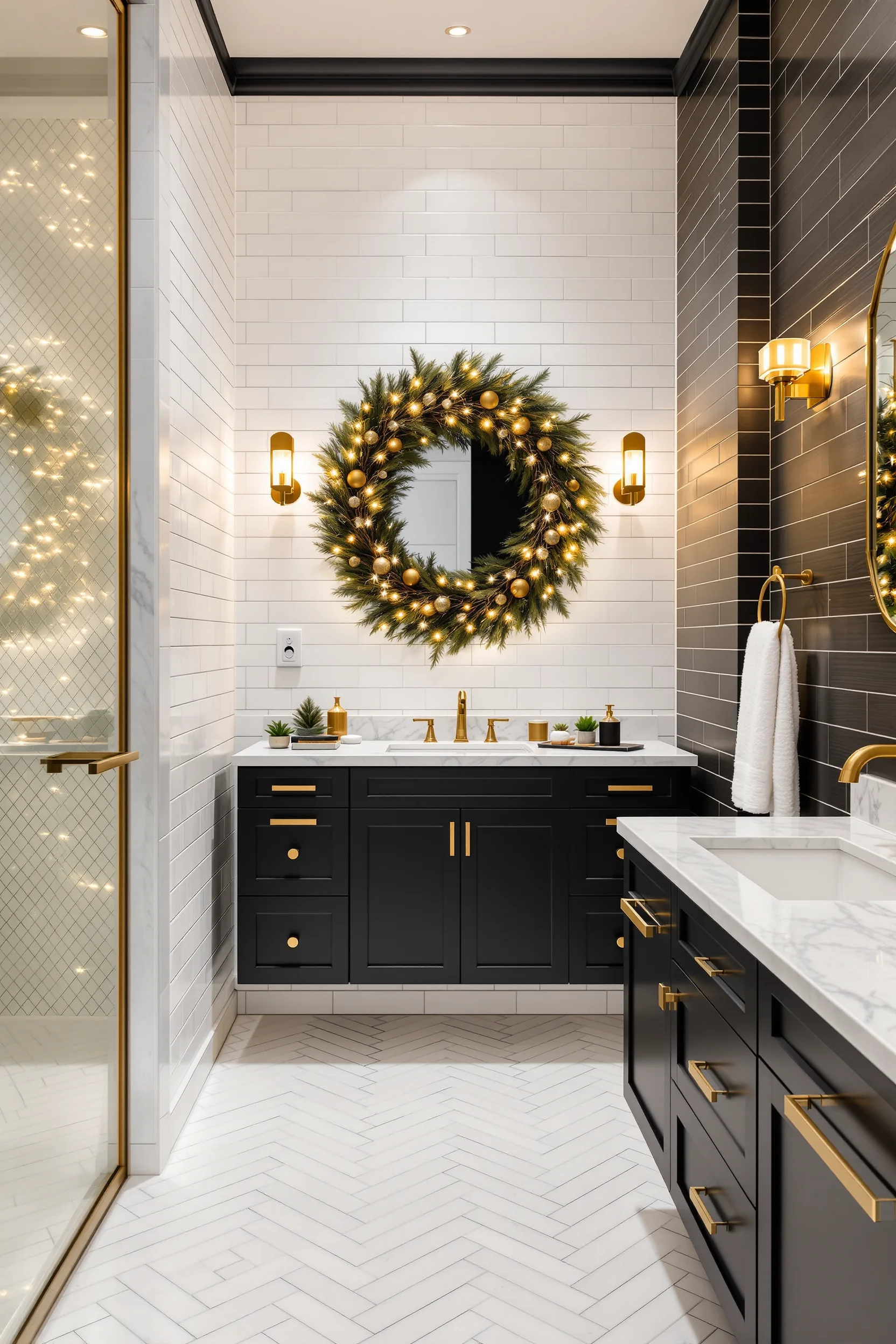 christmas bathroom aesthetics displaying holiday decorations premium fixtures dramatic lighting modern tile patterns
