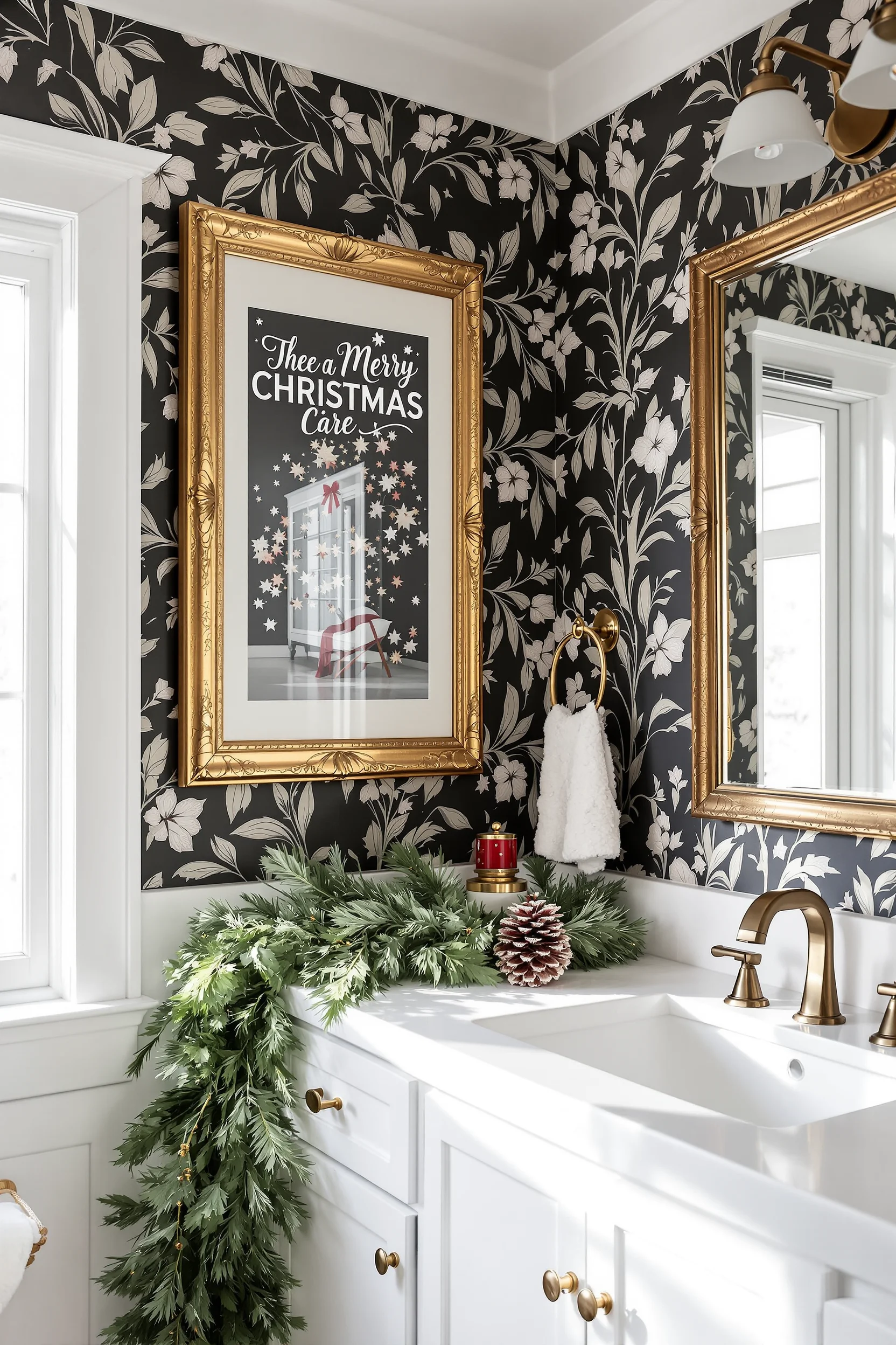 christmas bathroom aesthetics showcasing luxurious brass fixtures dramatic wallpaper and warm holiday lighting creating festive atmosphere