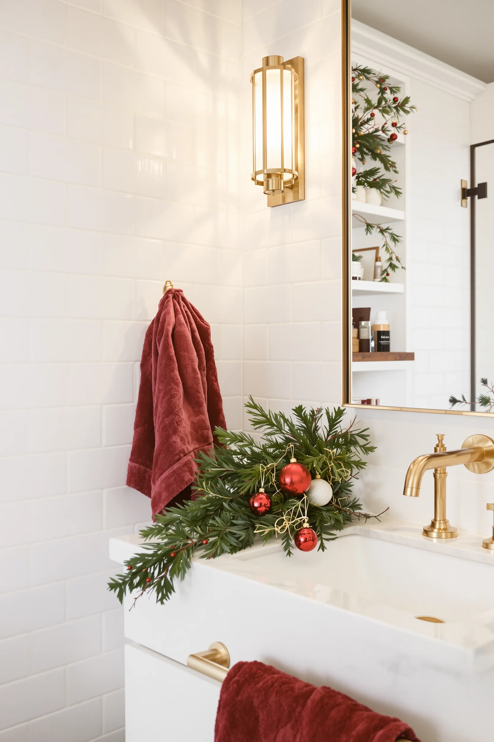 christmas bathroom decor displaying holiday pine branches and warm lighting in elegant white bathroom
