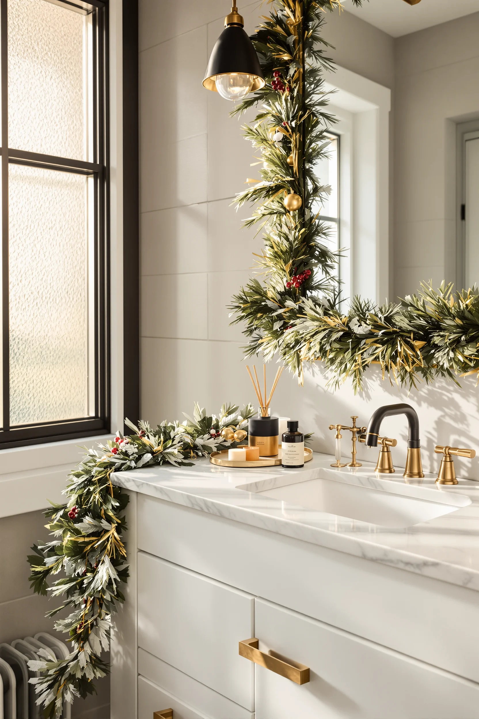 christmas bathroom decor featuring holiday aromatherapy setup on marble vanity with elegant brass fixtures