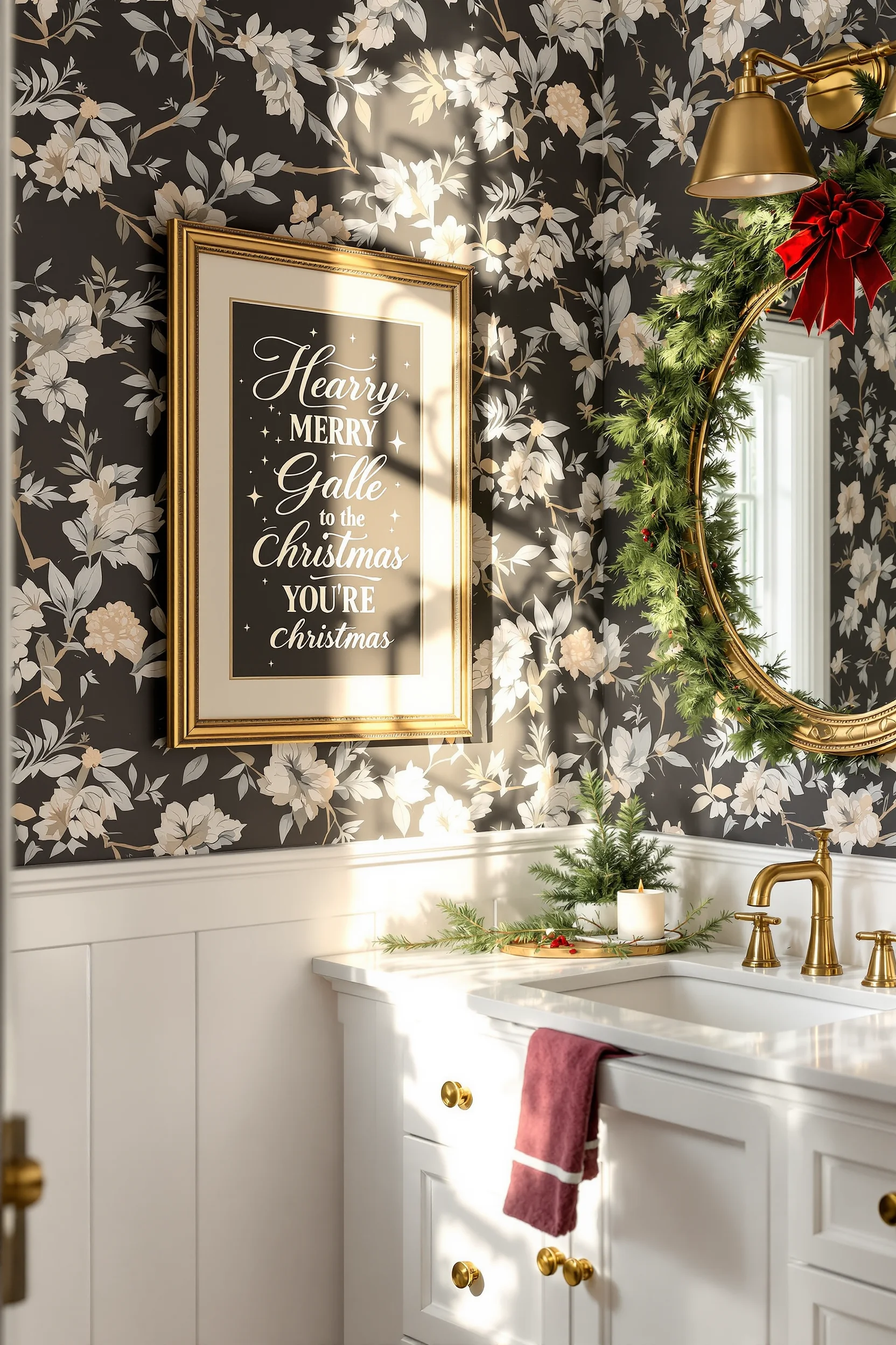 christmas bathroom decor ideas featuring elegant gold framed wall art with red velvet ribbon and charcoal wallpaper