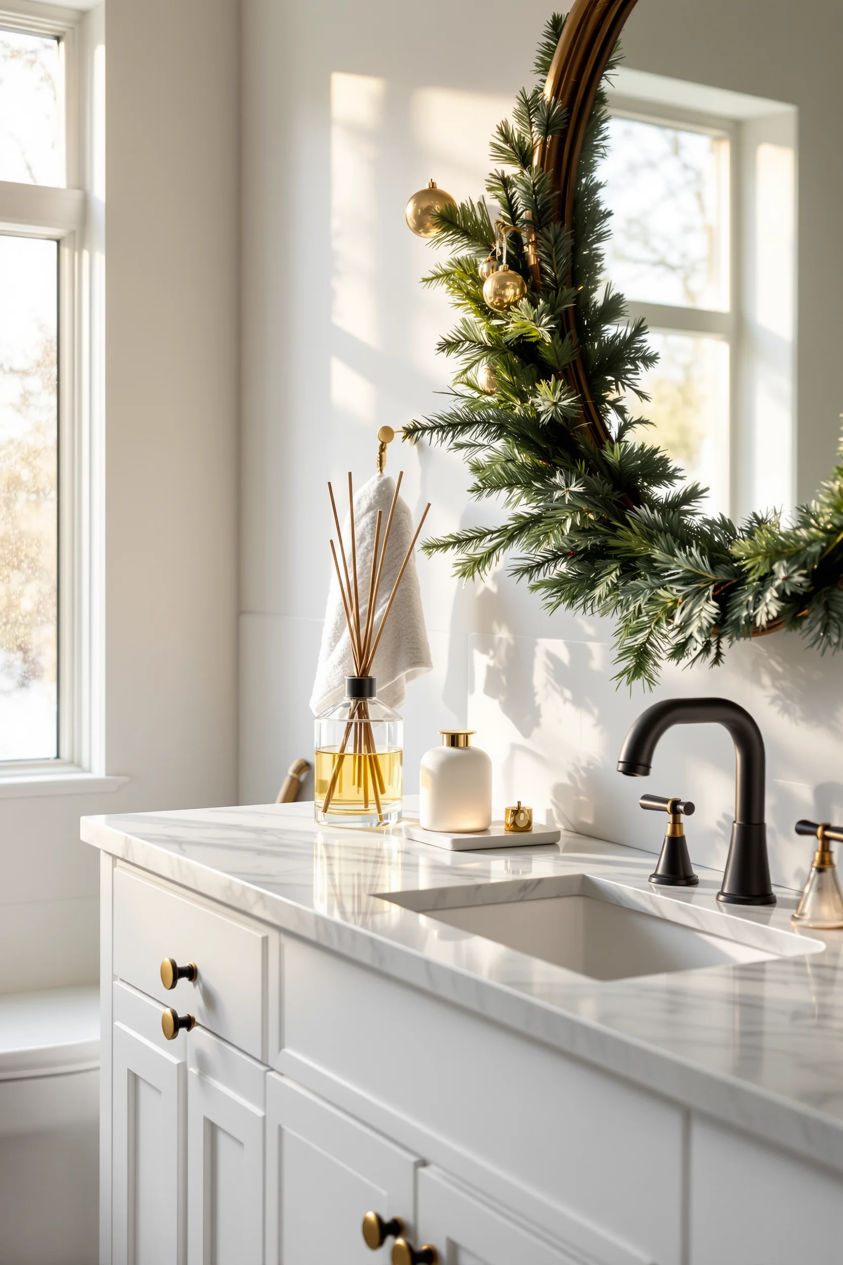 christmas bathroom decor ideas featuring elegant holiday diffuser on white marble countertop with brass fixtures