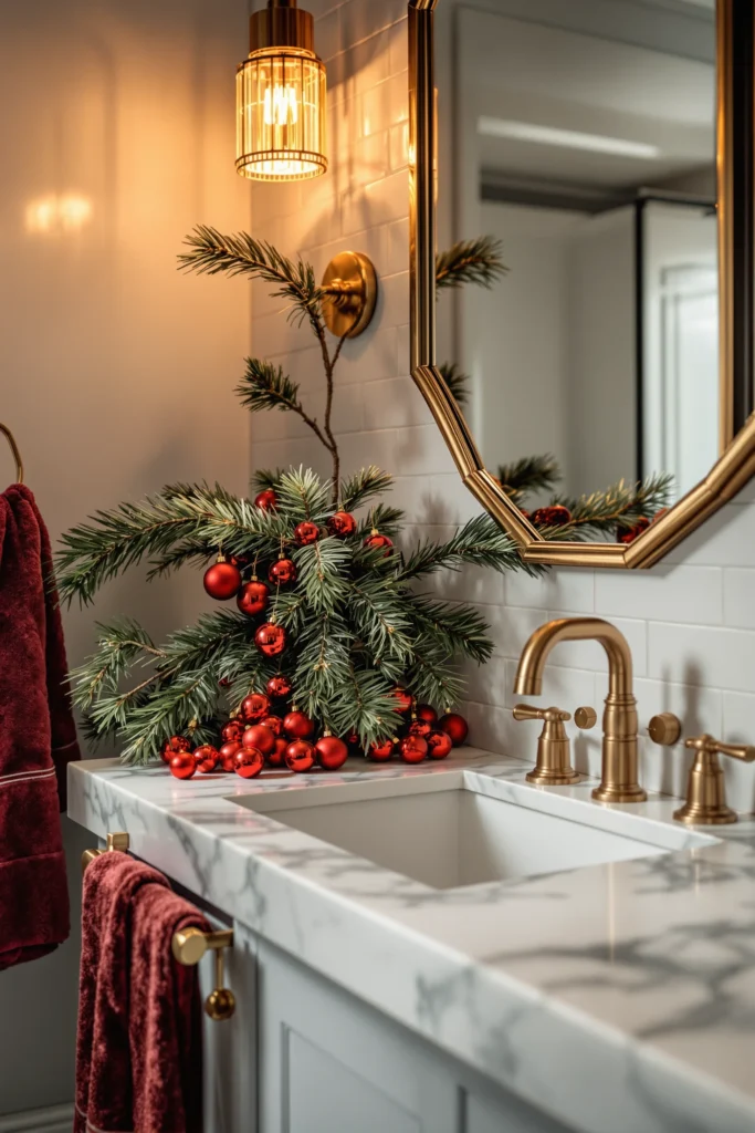 christmas bathroom designs showcasing golden lighting against white subway tile with burgundy velvet towels