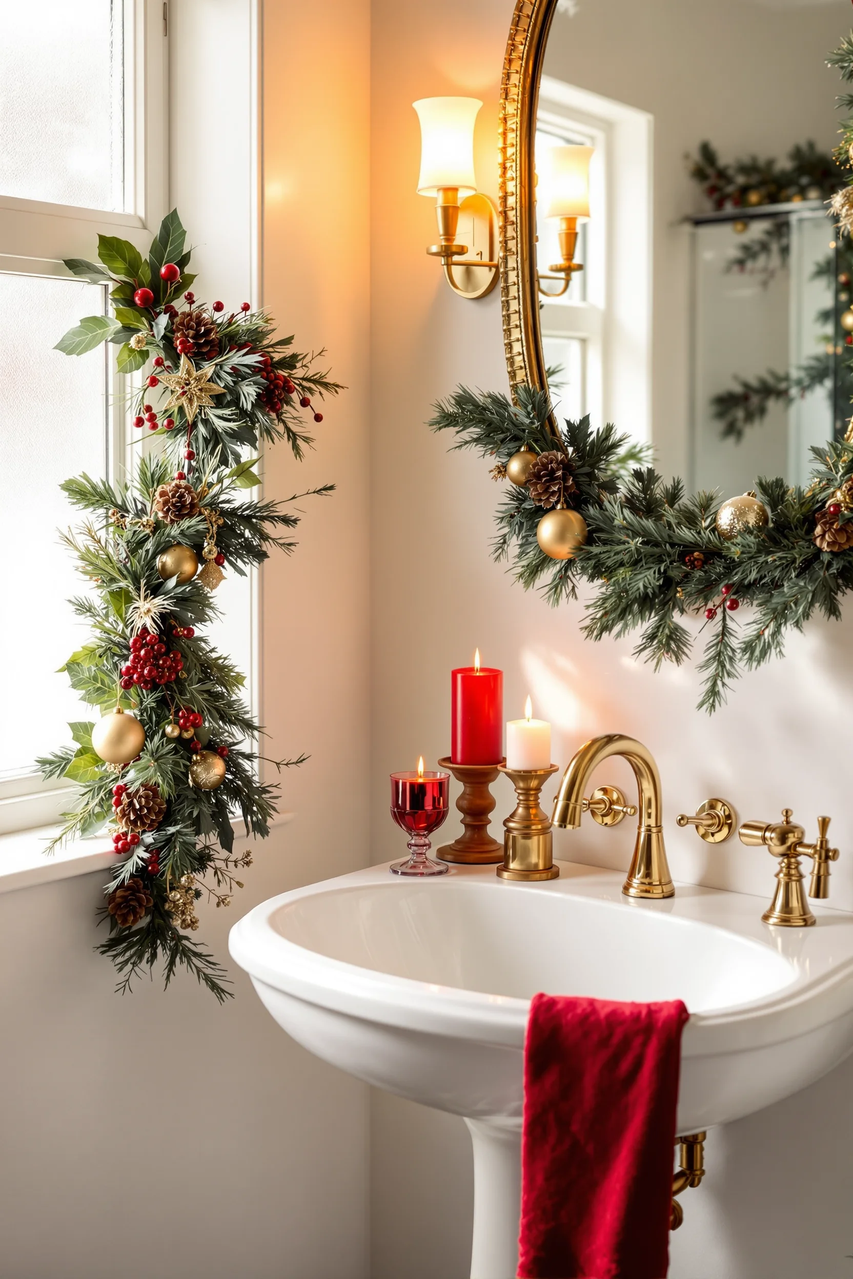 christmas bathroom designs showing elegant holiday candle arrangement with golden lighting and mirror decorations