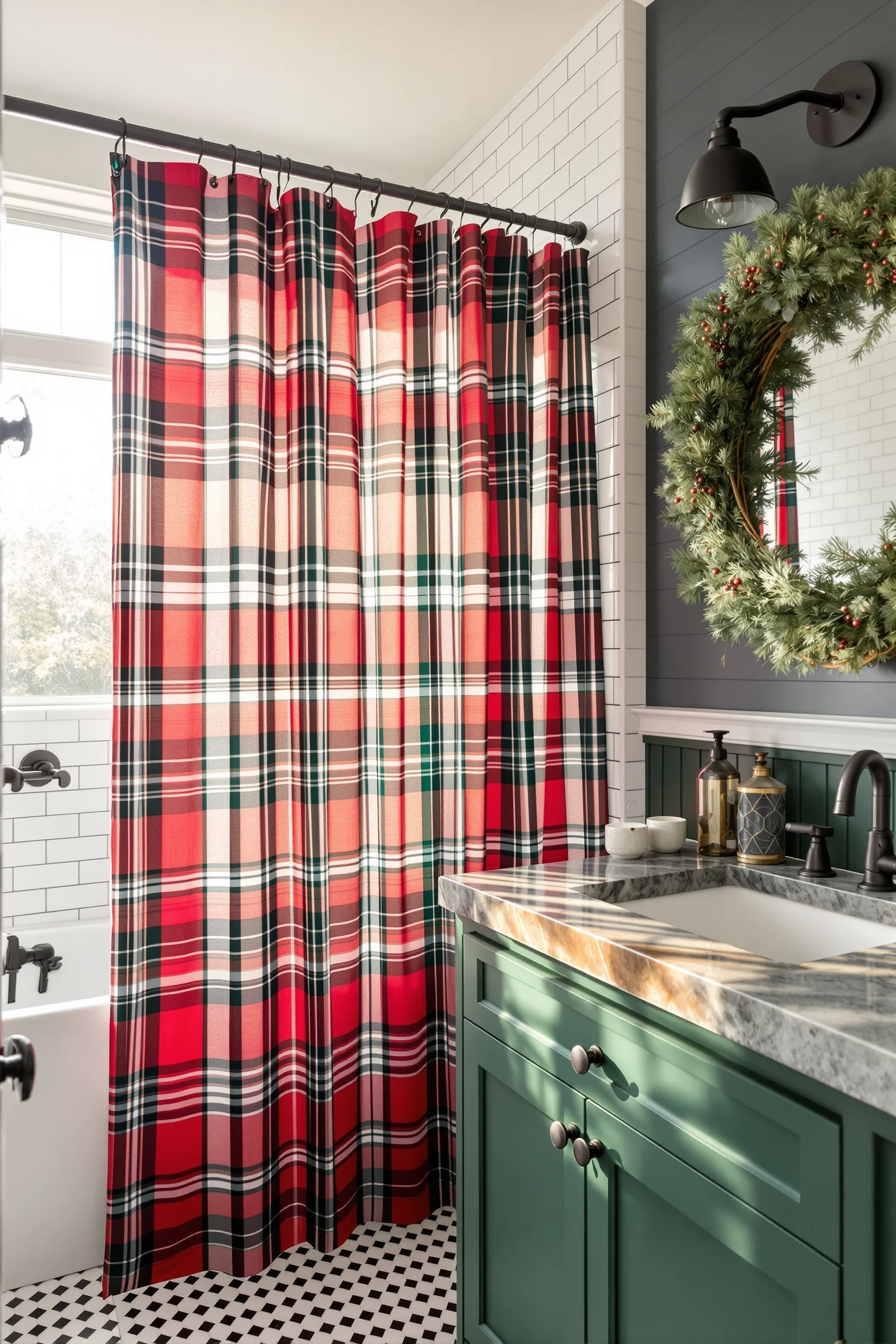 christmas bathroom designs showing forest green accents black fixtures and holiday wreath above vintage mirror