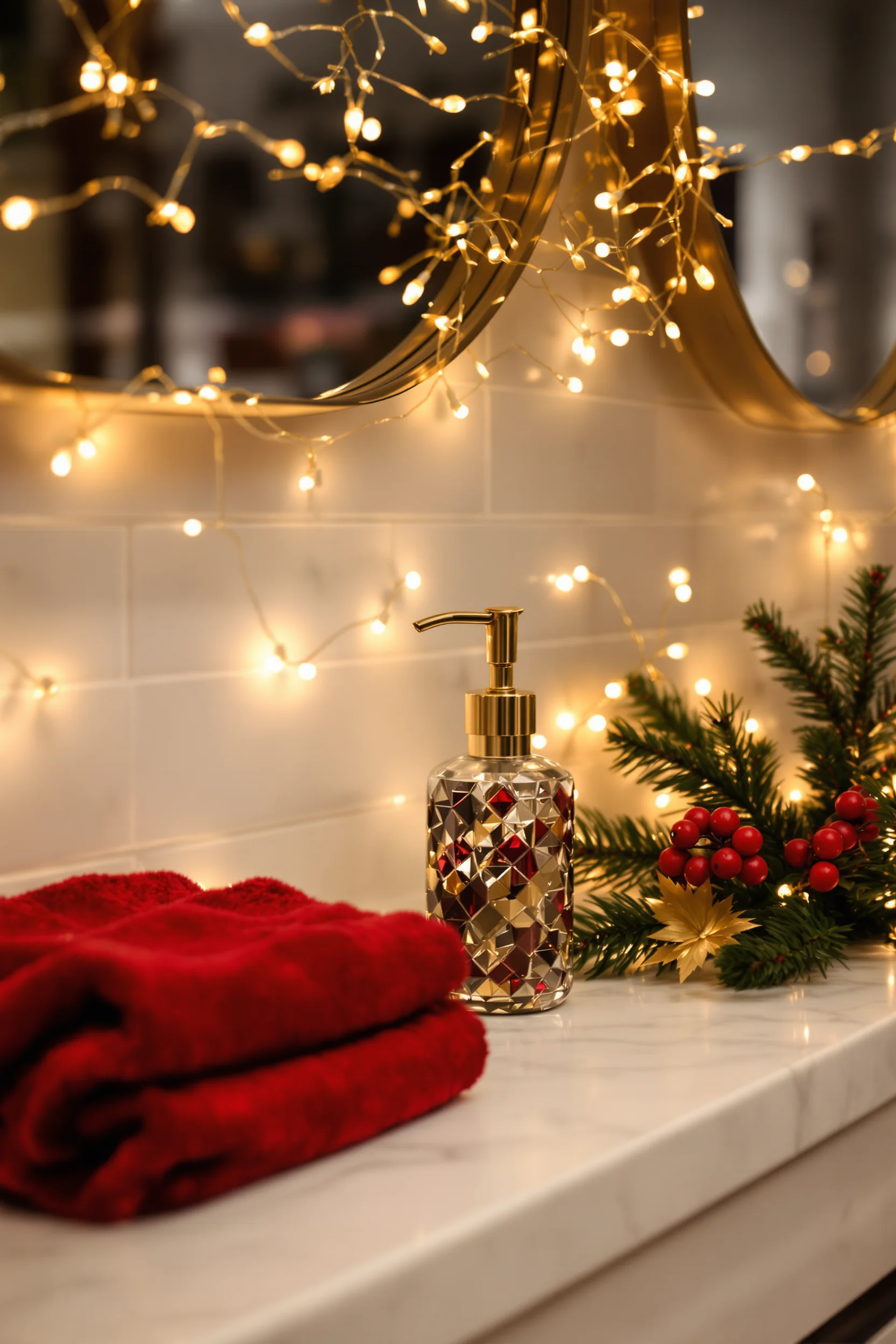 christmas bathroom designs showing red velvet towel against white subway tiles with golden illumination