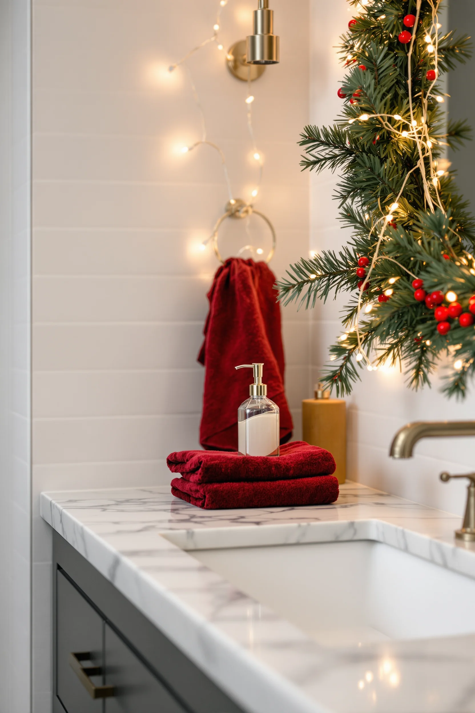christmas bathroom ideas featuring elegant holiday soap dispenser on marble countertop with festive lighting