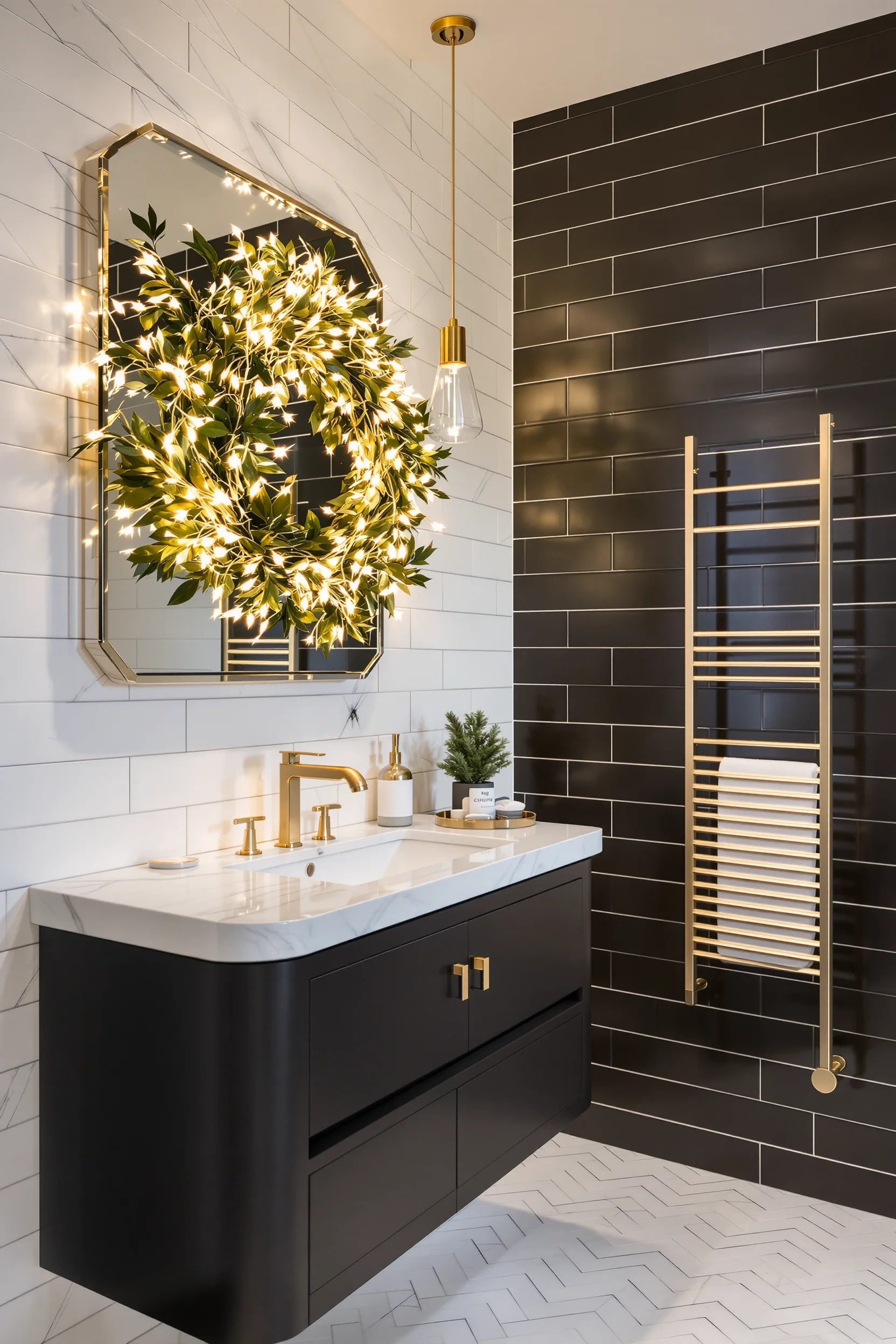 christmas bathroom ideas featuring golden fairy lights white herringbone tiles charcoal accent wall brass fixtures