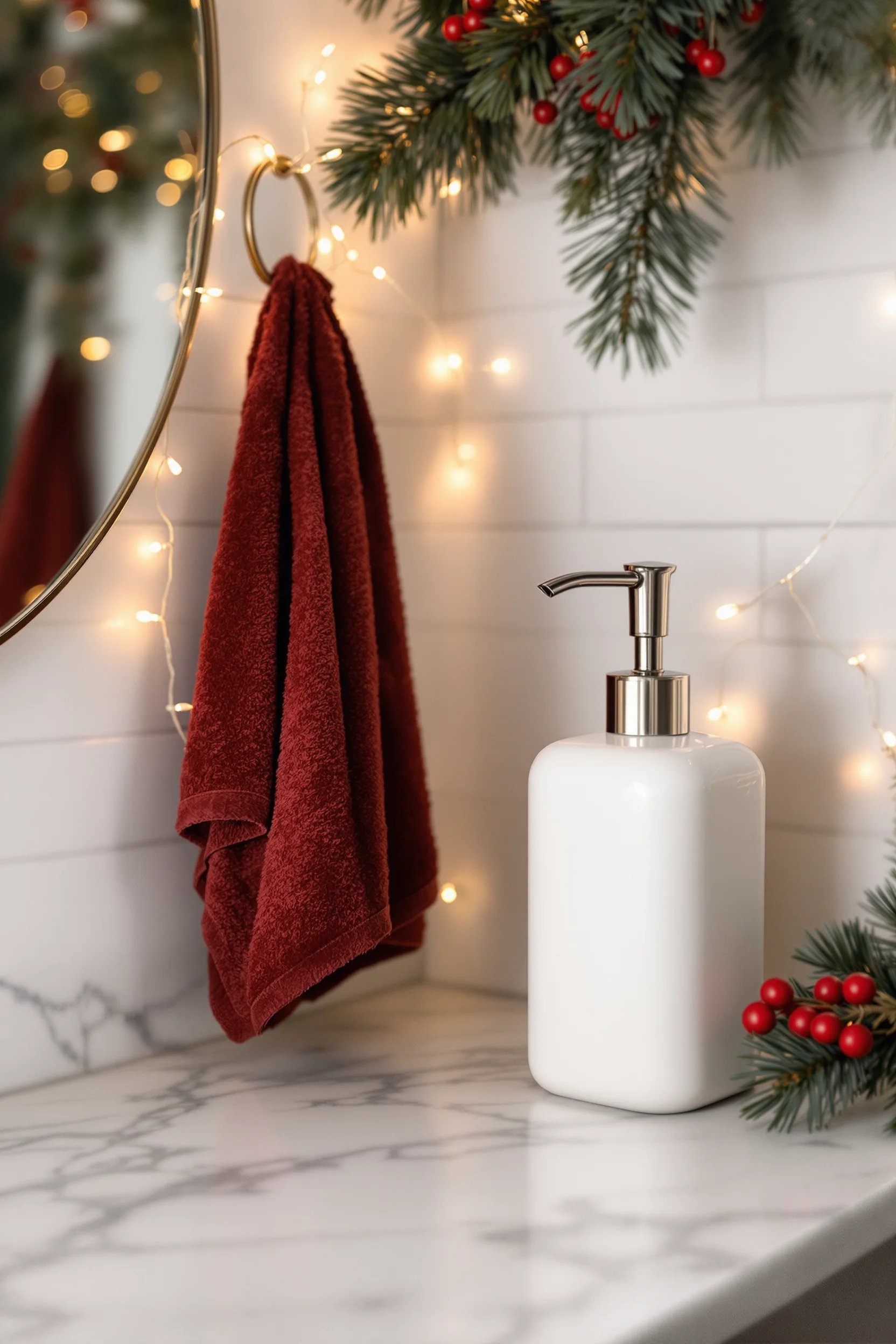 christmas bathroom inspiration displaying pine greenery with red berries on premium marble surface