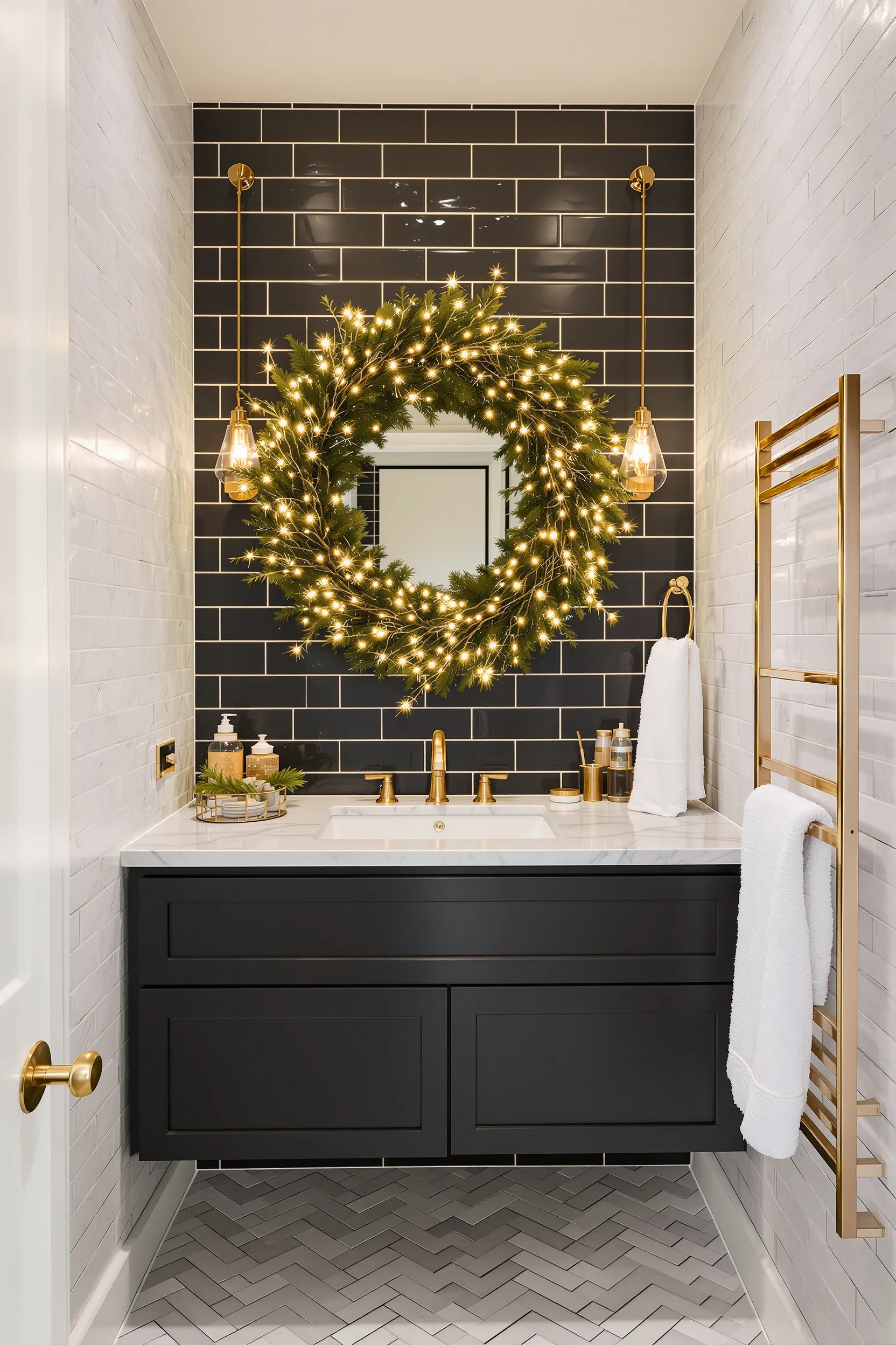 christmas bathroom inspiration showing festive wreath floating vanity brass hardware elegant tile work