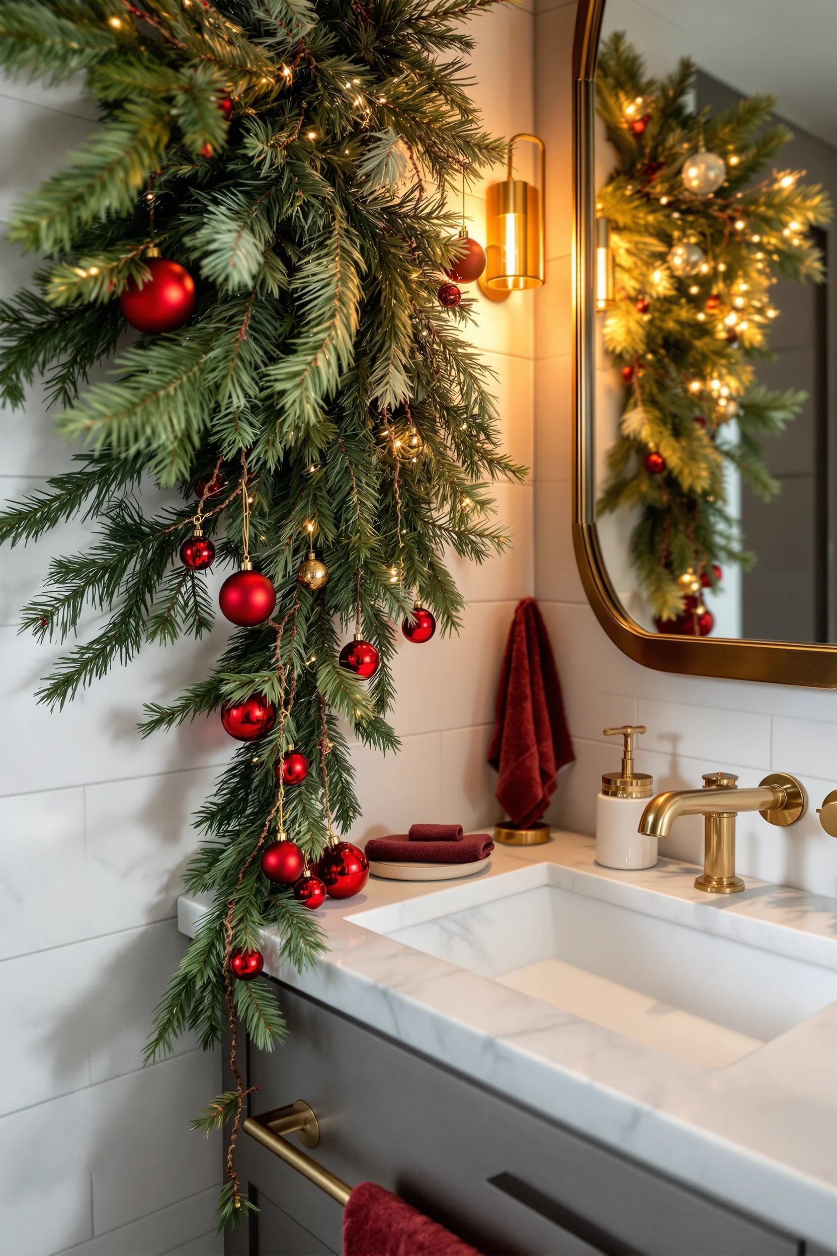 christmas bathroom inspiration with brass fixtures and festive evergreen arrangement in small modern space