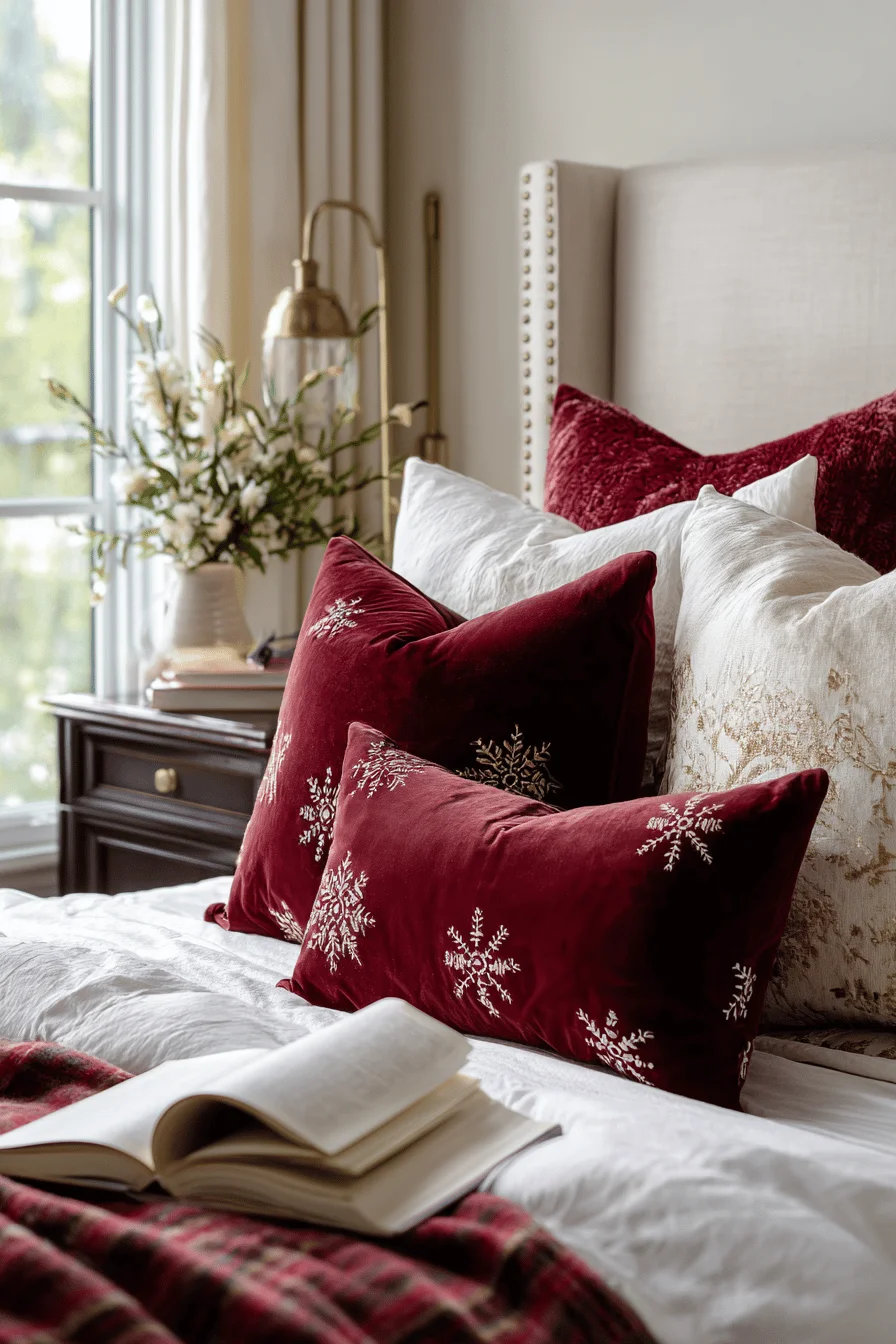 christmas bedroom aesthetics displaying rich burgundy accent pillows contrasted against pristine white luxury bedding