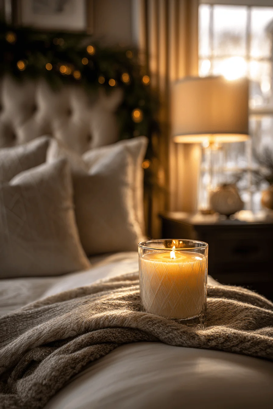 christmas bedroom decor aesthetics displaying dramatic contrast between deep green garland and crisp white linens