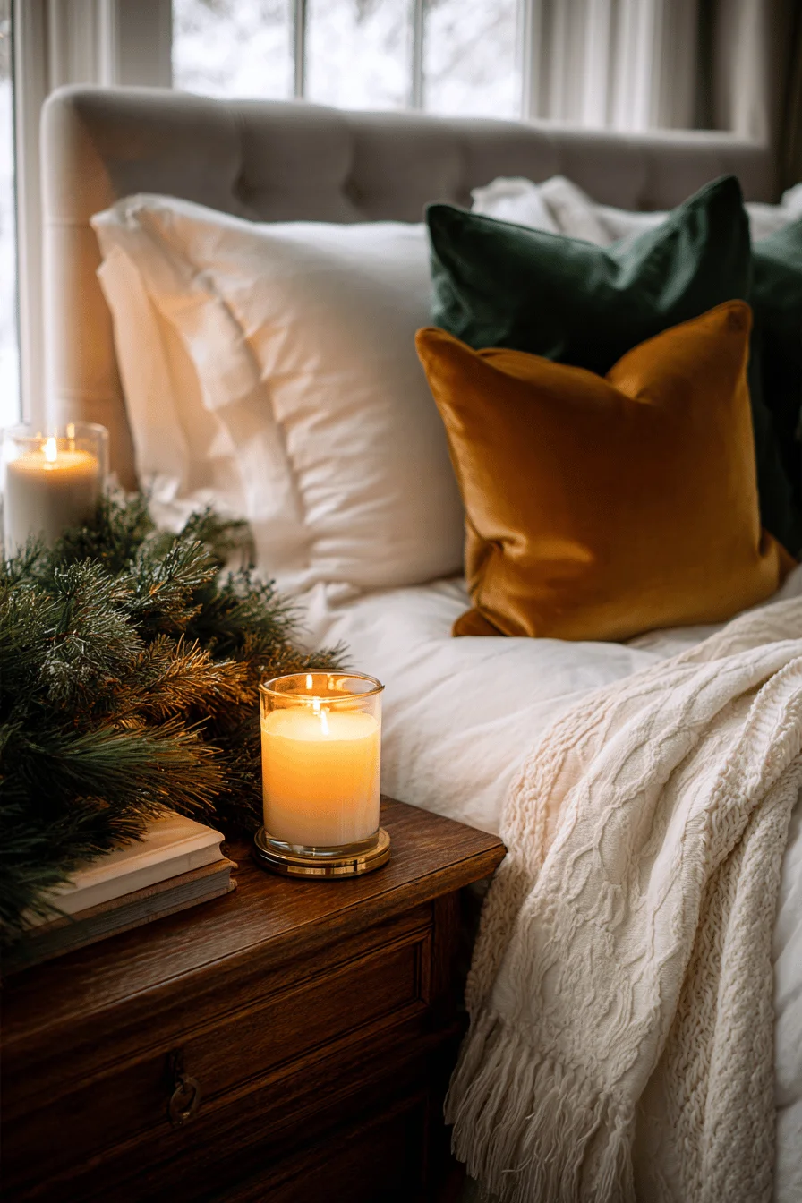 christmas bedroom decor ideas featuring large scented candle on elegant bedside table with forest green garland