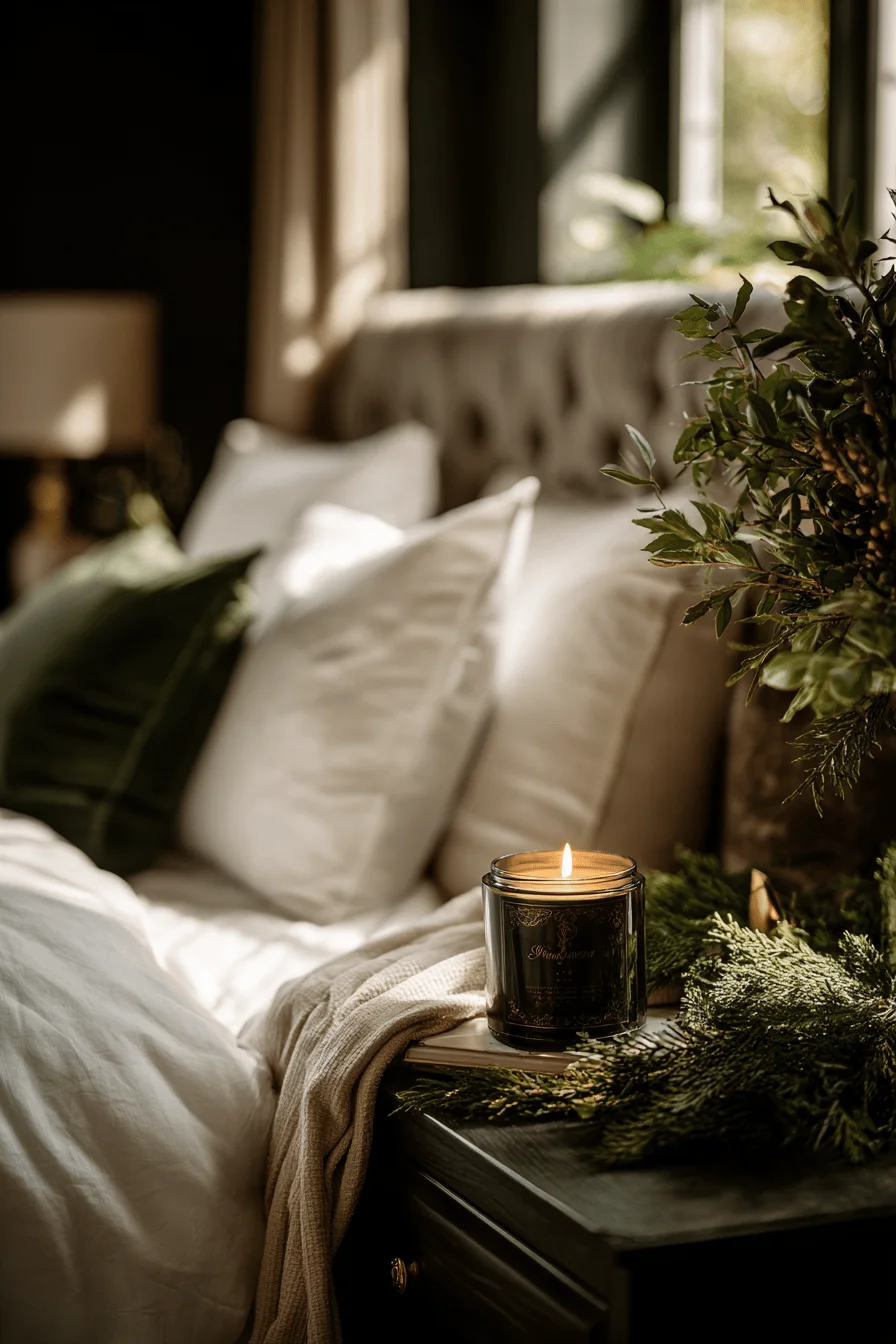 christmas bedroom decor inspiration with cashmere throw draped over upholstered headboard and flickering candlelight shadows