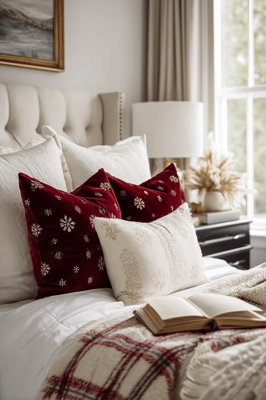 christmas bedroom ideas featuring burgundy velvet pillows and cream snowflake patterns on white bedding