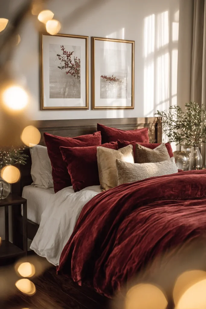 christmas bedroom ideas showing warm golden hour lighting streaming through frost covered bedroom window