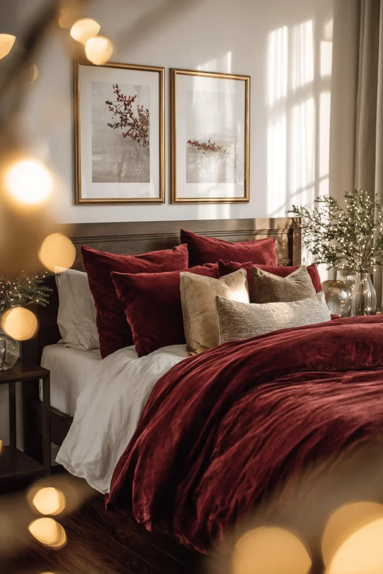 christmas bedroom ideas showing warm golden hour lighting streaming through frost covered bedroom window