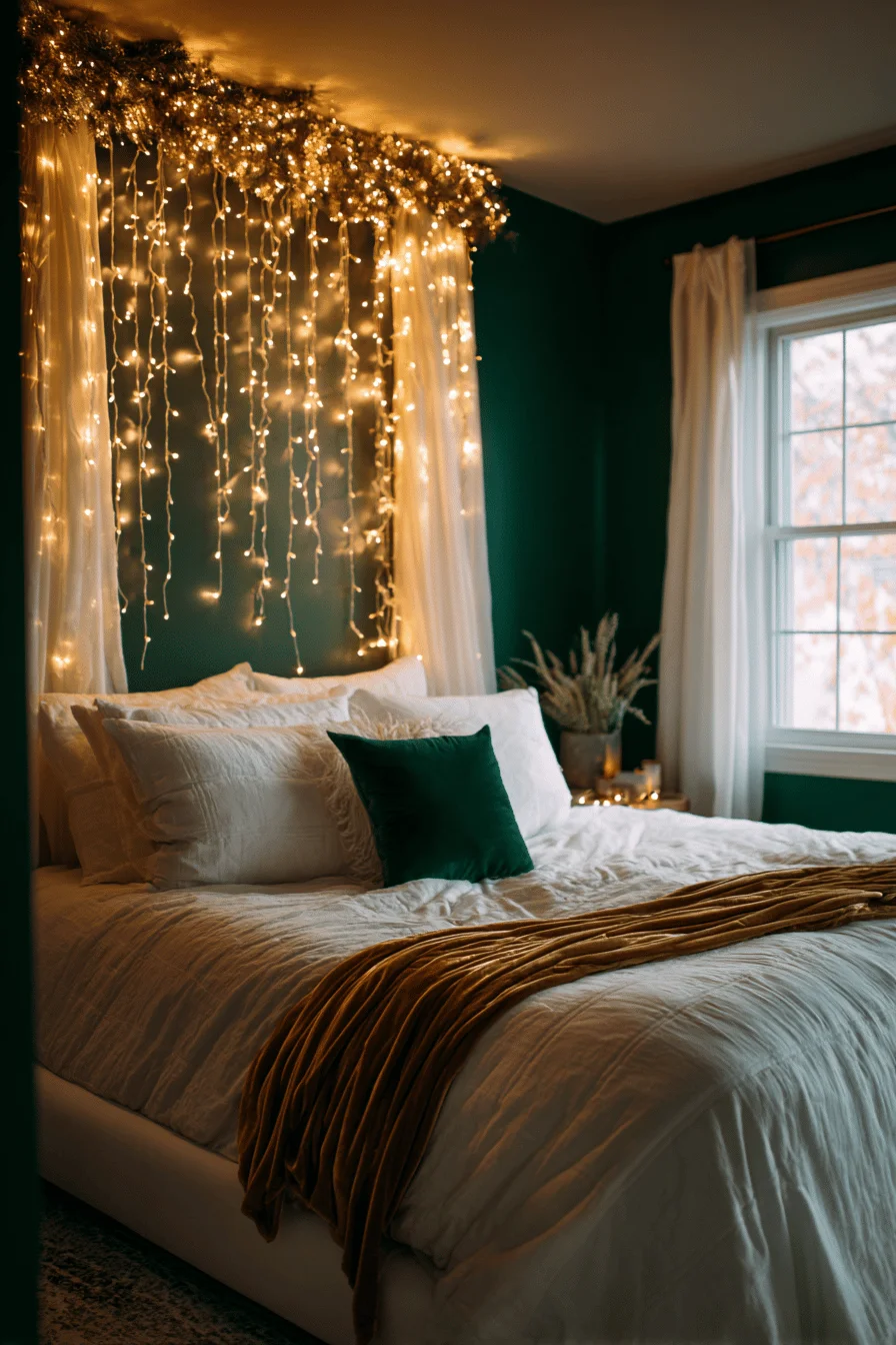 christmas bedroom inspiration displaying handcrafted garland with silk ribbons against modern white bedding