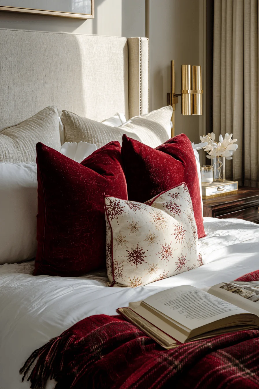christmas bedroom inspiration showcasing brass hardware headboard with holiday pillow arrangement and warm lighting