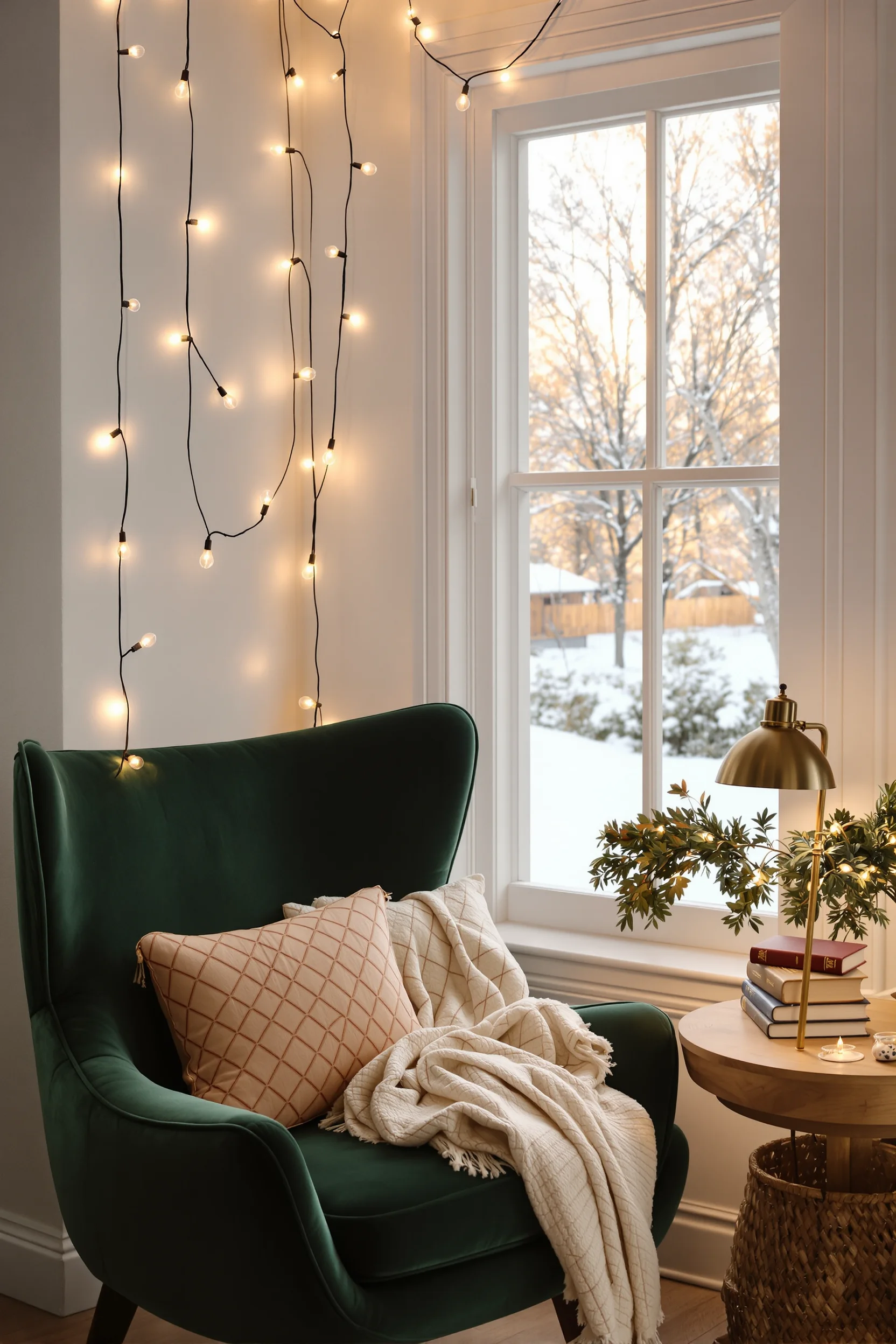 christmas cozy reading nook aesthetics displaying forest green chair with golden hour lighting and books