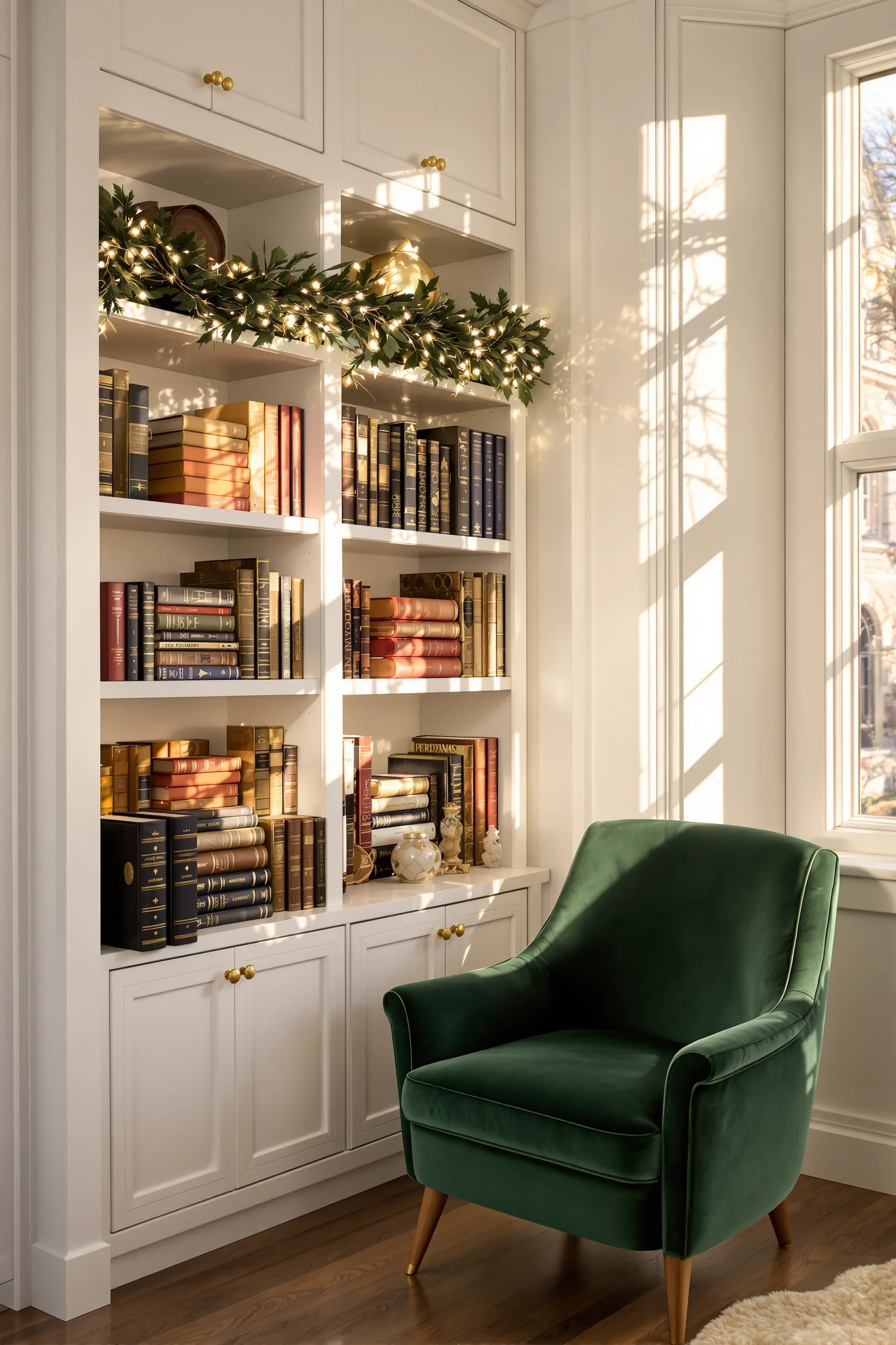 christmas cozy reading nook designs showing brass hardware details with mahogany wood accents and twinkling holiday lights