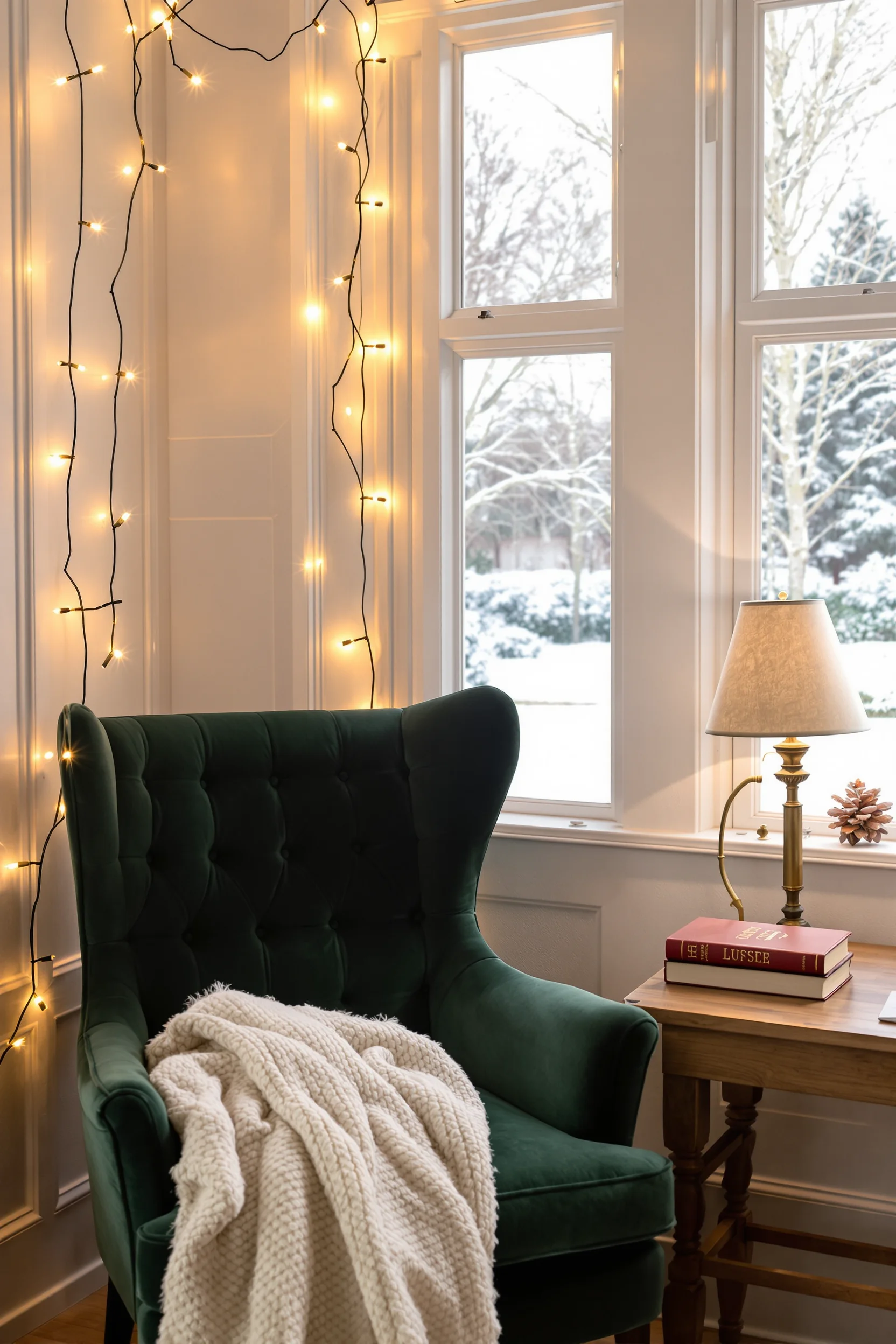 christmas cozy reading nook designs showing plush armchair with warm lighting and festive decorations