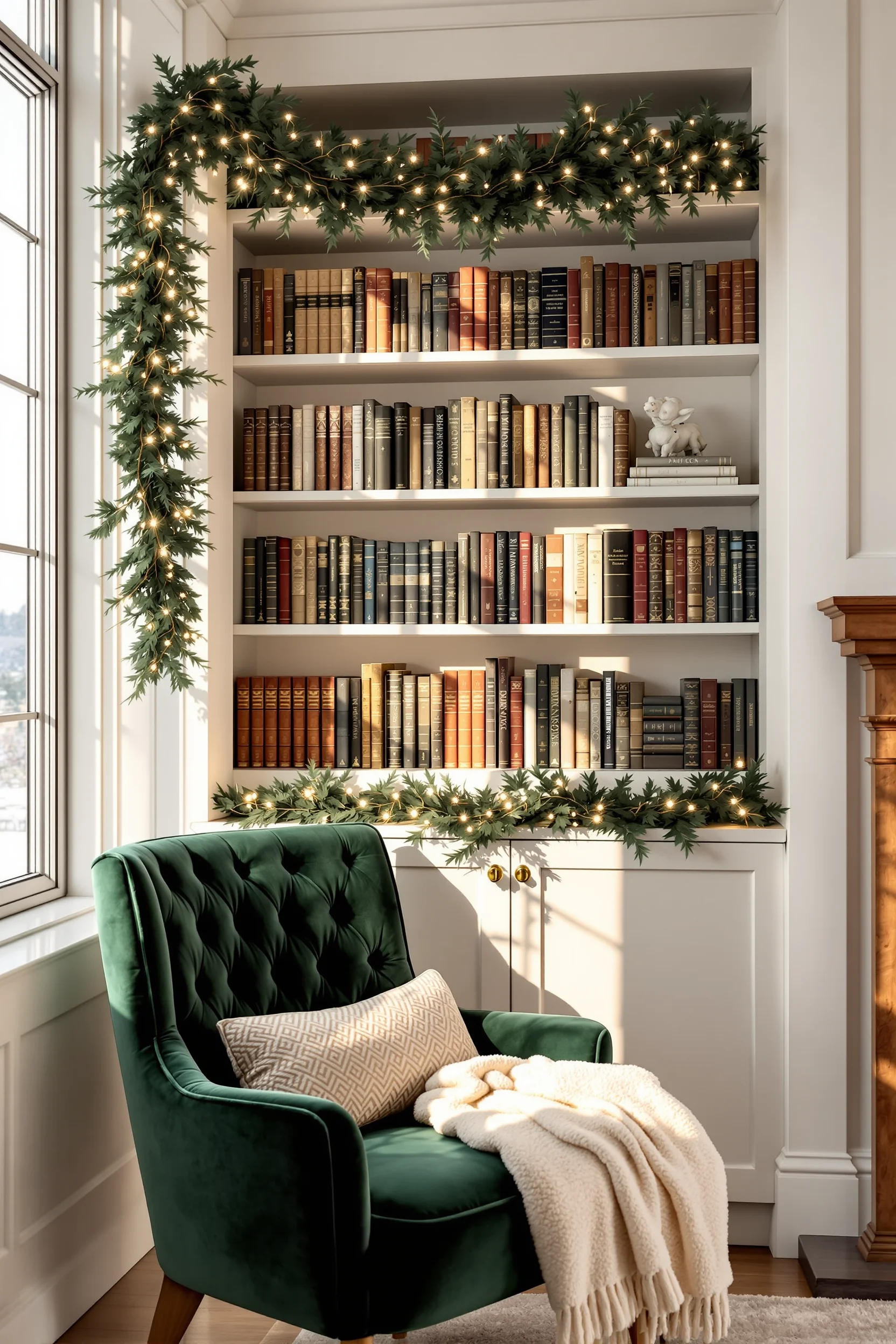 christmas cozy reading nook ideas featuring emerald velvet chair with white built in bookshelves and festive garland