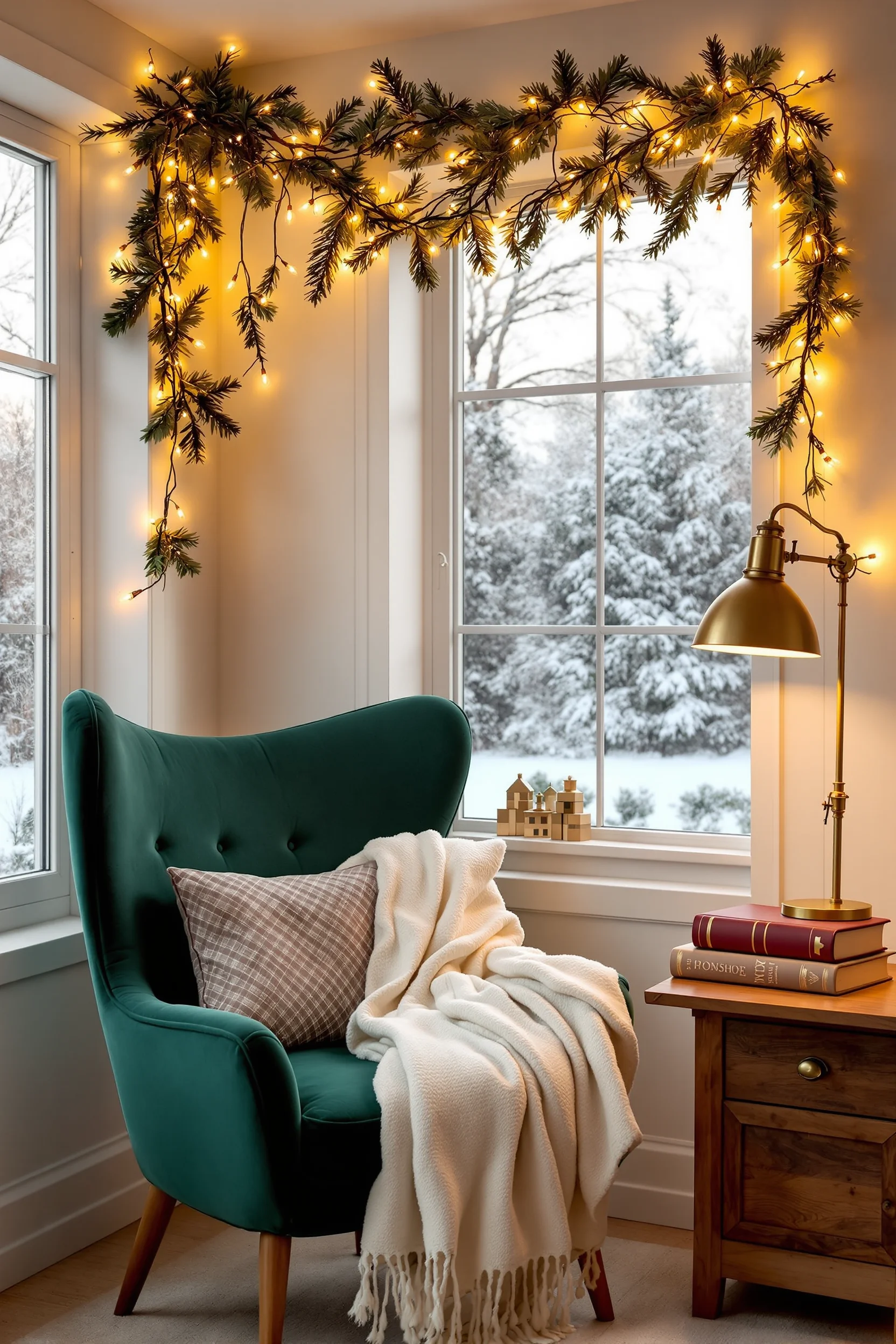christmas cozy reading nook ideas featuring green velvet chair with fairy lights and holiday books