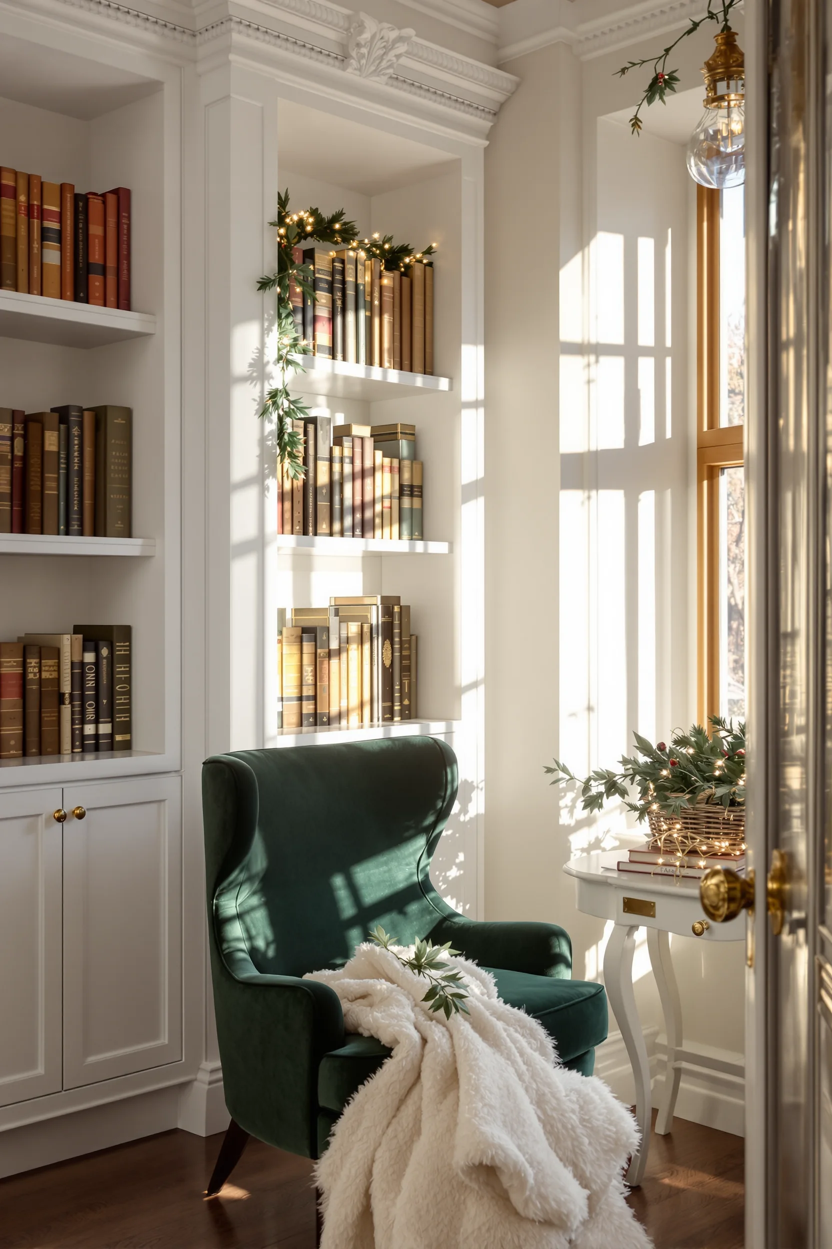 christmas cozy reading nook inspiration displaying cream throw blanket on plush armchair near tall windows with natural lighting